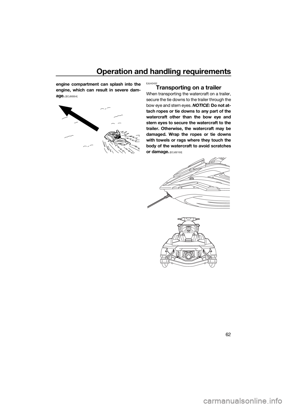 YAMAHA FX SVHO 2021 Repair Manual Operation and handling requirements
62
engine compartment can splash into the
engine, which can result in severe dam-
age.
 [ECJ00554]EJU42432
Transporting on a trailer
When transporting the watercraf