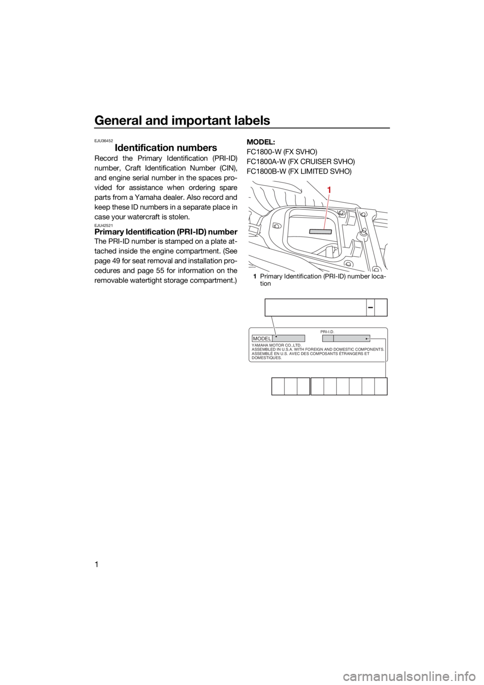 YAMAHA FX SVHO 2021 Owners Manual General and important labels
1
EJU36452
Identification numbers
Record the Primary Identification (PRI-ID)
number, Craft Identification Number (CIN),
and engine serial number in the spaces pro-
vided f YAMAHA FX SVHO 2021 Owners Manual General and important labels
1
EJU36452
Identification numbers
Record the Primary Identification (PRI-ID)
number, Craft Identification Number (CIN),
and engine serial number in the spaces pro-
vided f