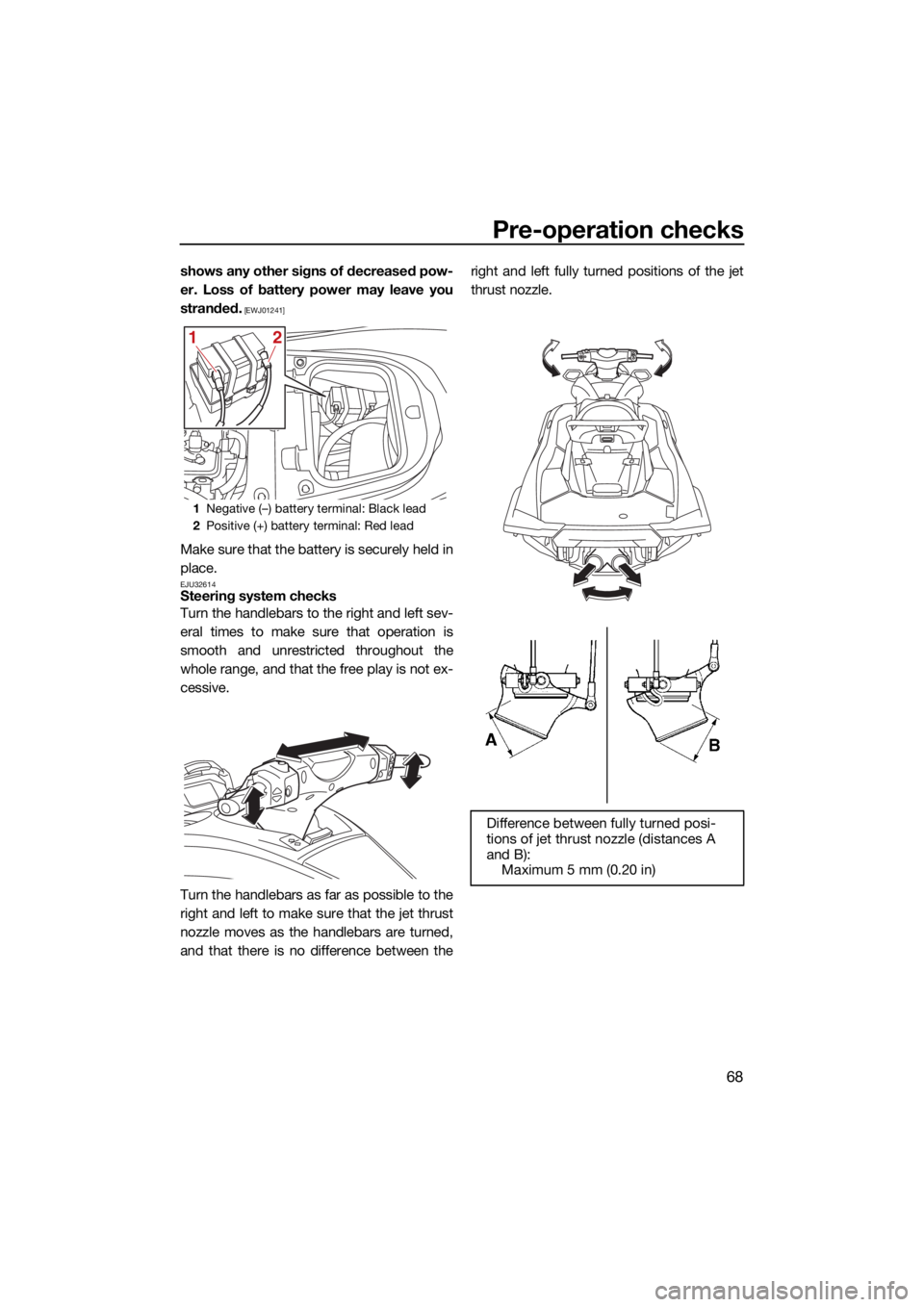 YAMAHA FX SVHO 2021 Manual PDF Pre-operation checks
68
shows any other signs of decreased pow-
er. Loss of battery power may leave you
stranded.
 [EWJ01241]
Make sure that the battery is securely held in
place.
EJU32614Steering sys