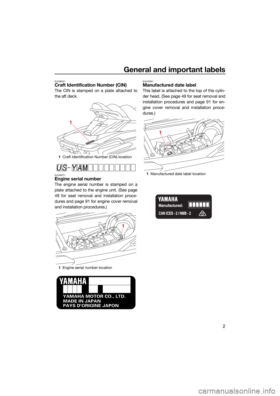 YAMAHA FX SVHO 2021 Owners Manual General and important labels
2
EJU36551Craft Identification Number (CIN)
The CIN is stamped on a plate attached to
the aft deck.
EJU40471Engine serial number
The engine serial number is stamped on a
p YAMAHA FX SVHO 2021 Owners Manual General and important labels
2
EJU36551Craft Identification Number (CIN)
The CIN is stamped on a plate attached to
the aft deck.
EJU40471Engine serial number
The engine serial number is stamped on a
p