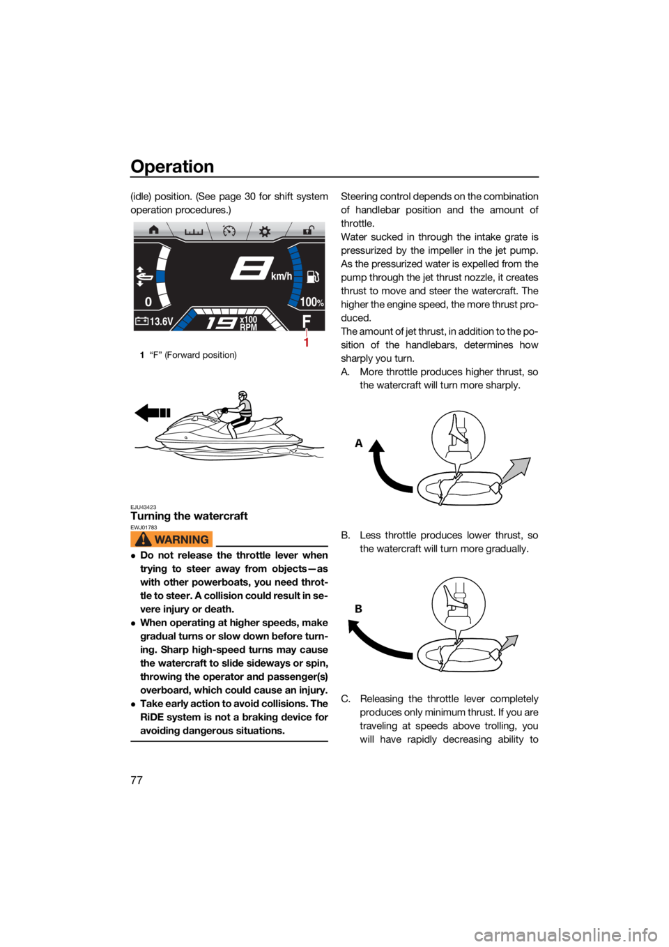 YAMAHA FX SVHO 2021 Manual Online Operation
77
(idle) position. (See page 30 for shift system
operation procedures.)
EJU43423Turning the watercraftEWJ01783
Do not release the throttle lever when
trying to steer away from objects— YAMAHA FX SVHO 2021 Manual Online Operation
77
(idle) position. (See page 30 for shift system
operation procedures.)
EJU43423Turning the watercraftEWJ01783
Do not release the throttle lever when
trying to steer away from objects—