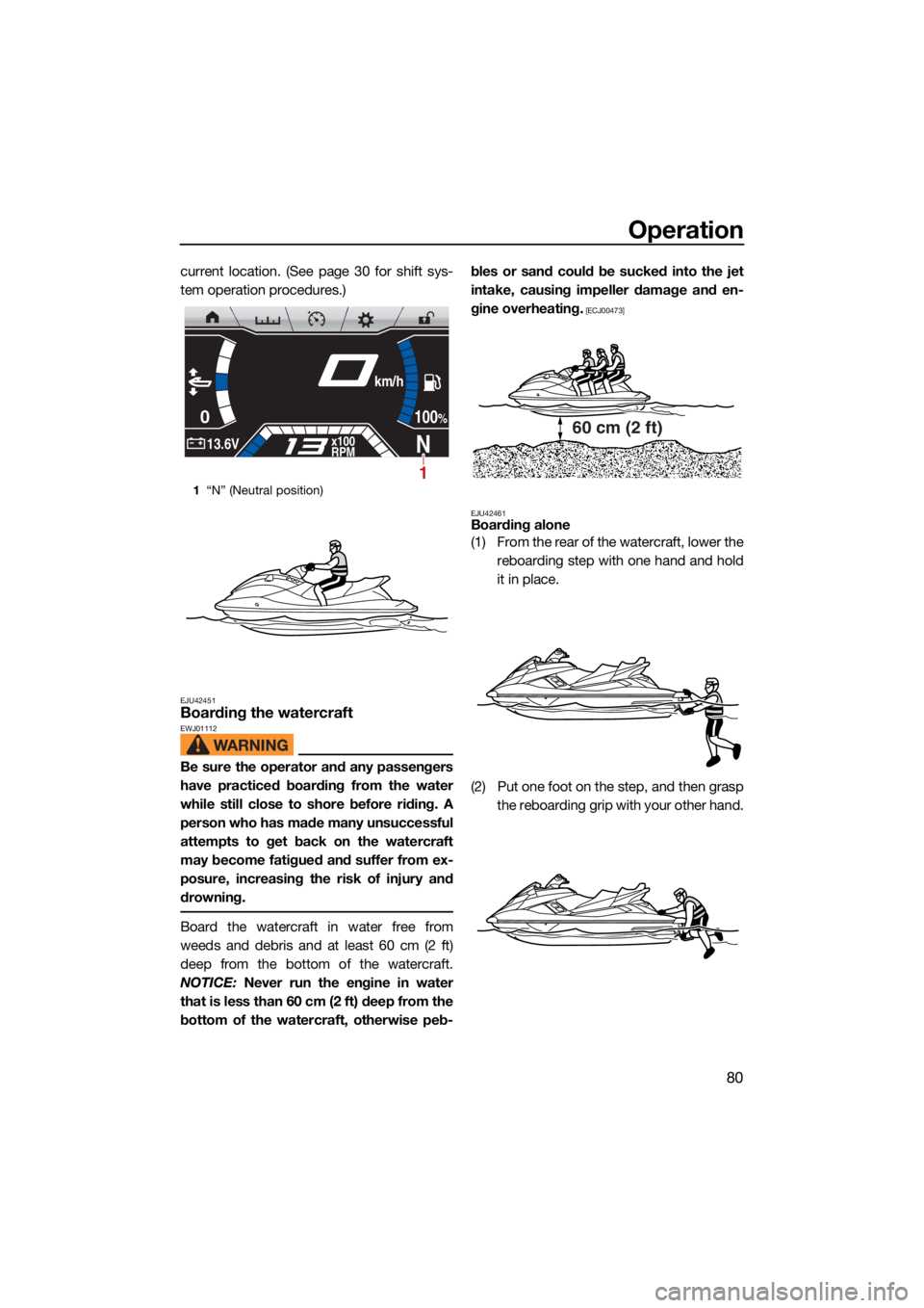 YAMAHA FX SVHO 2021 Manual Online Operation
80
current location. (See page 30 for shift sys-
tem operation procedures.)
EJU42451Boarding the watercraftEWJ01112
Be sure the operator and any passengers
have practiced boarding from the w YAMAHA FX SVHO 2021 Manual Online Operation
80
current location. (See page 30 for shift sys-
tem operation procedures.)
EJU42451Boarding the watercraftEWJ01112
Be sure the operator and any passengers
have practiced boarding from the w