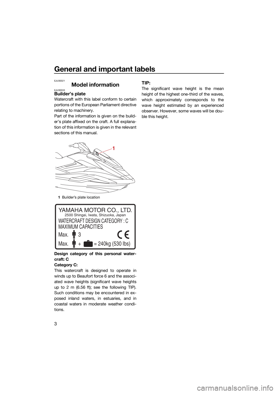 YAMAHA FX SVHO 2021 Owners Manual General and important labels
3
EJU30321
Model informationEJU30333Builder’s plate
Watercraft with this label conform to certain
portions of the European Parliament directive
relating to machinery.
Pa YAMAHA FX SVHO 2021 Owners Manual General and important labels
3
EJU30321
Model informationEJU30333Builder’s plate
Watercraft with this label conform to certain
portions of the European Parliament directive
relating to machinery.
Pa
