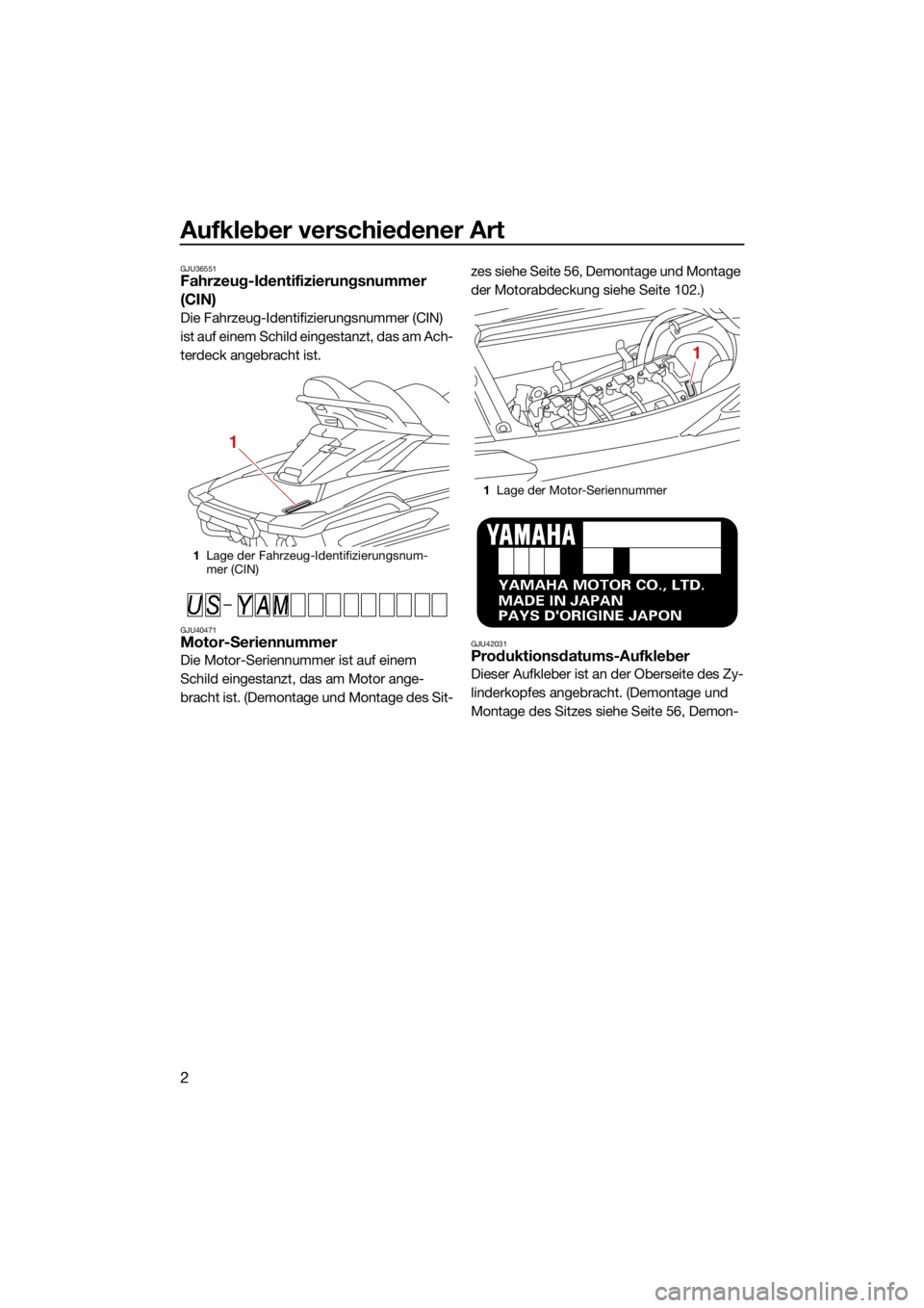 YAMAHA FX SVHO 2021  Betriebsanleitungen (in German) Aufkleber verschiedener Art
2
GJU36551Fahrzeug-Identifizierungsnummer 
(CIN)
Die Fahrzeug-Identifizierungsnummer (CIN) 
ist auf einem Schild eingestanzt, das am Ach-
terdeck angebracht ist.
GJU40471Mo