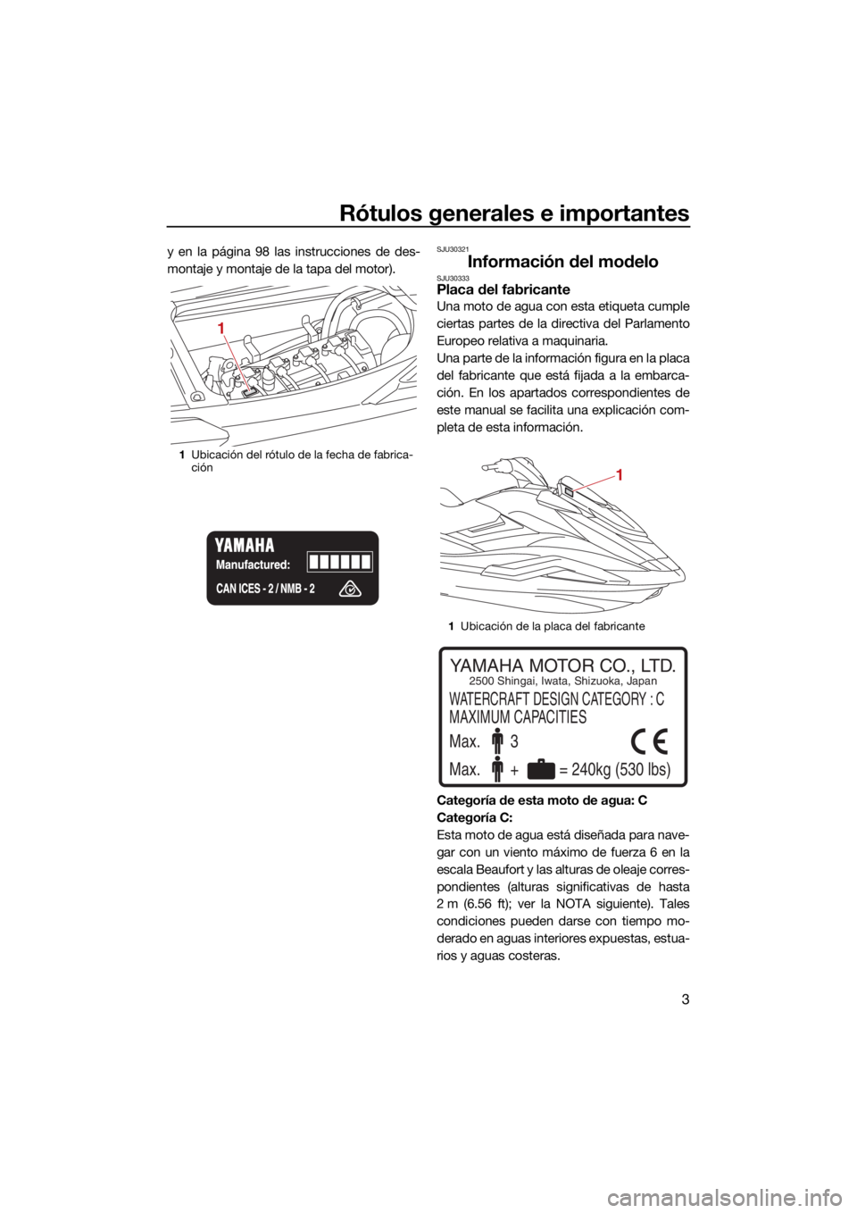 YAMAHA FX SVHO 2021  Manuale de Empleo (in Spanish) Rótulos generales e importantes
3
y en la página 98 las instrucciones de des-
montaje y montaje de la tapa del motor).SJU30321
Información del modeloSJU30333Placa del fabricante
Una moto de agua co