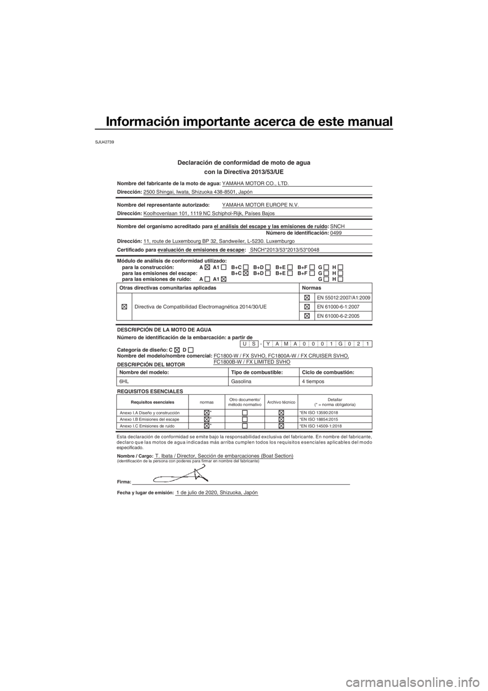 YAMAHA FX SVHO 2021  Manuale de Empleo (in Spanish) Información importante acerca de este manual
SJU42739
Declaración de conformidad de moto de agua
con la Directiva 2013/53/UE
Nombre del fabricante de la moto de a gua:YAMAHA MOTOR CO., LTD.
Direcci�