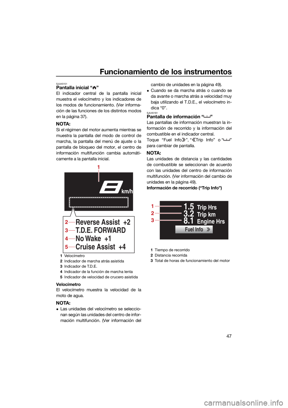YAMAHA FX SVHO 2021 Manuale de Empleo (in Spanish) Funcionamiento de los instrumentos
47
SJU45151Pantalla inicial “ ”
El indicador central de la pantalla inicial
muestra el velocímetro y los indicadores de
los modos de funcionamiento. (Ver inform YAMAHA FX SVHO 2021 Manuale de Empleo (in Spanish) Funcionamiento de los instrumentos
47
SJU45151Pantalla inicial “ ”
El indicador central de la pantalla inicial
muestra el velocímetro y los indicadores de
los modos de funcionamiento. (Ver inform