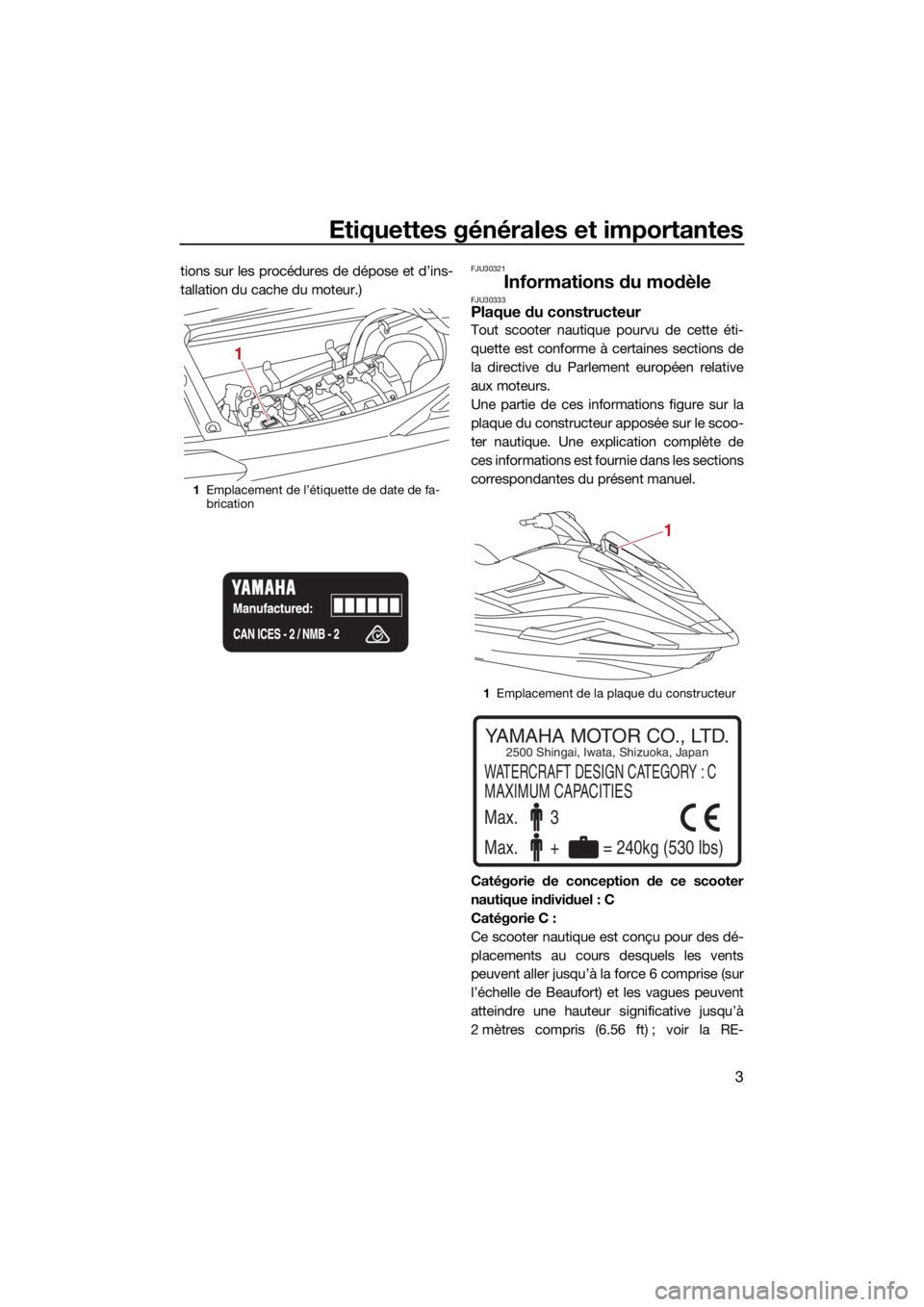 YAMAHA FX SVHO 2021  Notices Demploi (in French) Etiquettes générales et importantes
3
tions sur les procédures de dépose et d’ins-
tallation du cache du moteur.)FJU30321
Informations du modèleFJU30333Plaque du constructeur
Tout scooter nauti