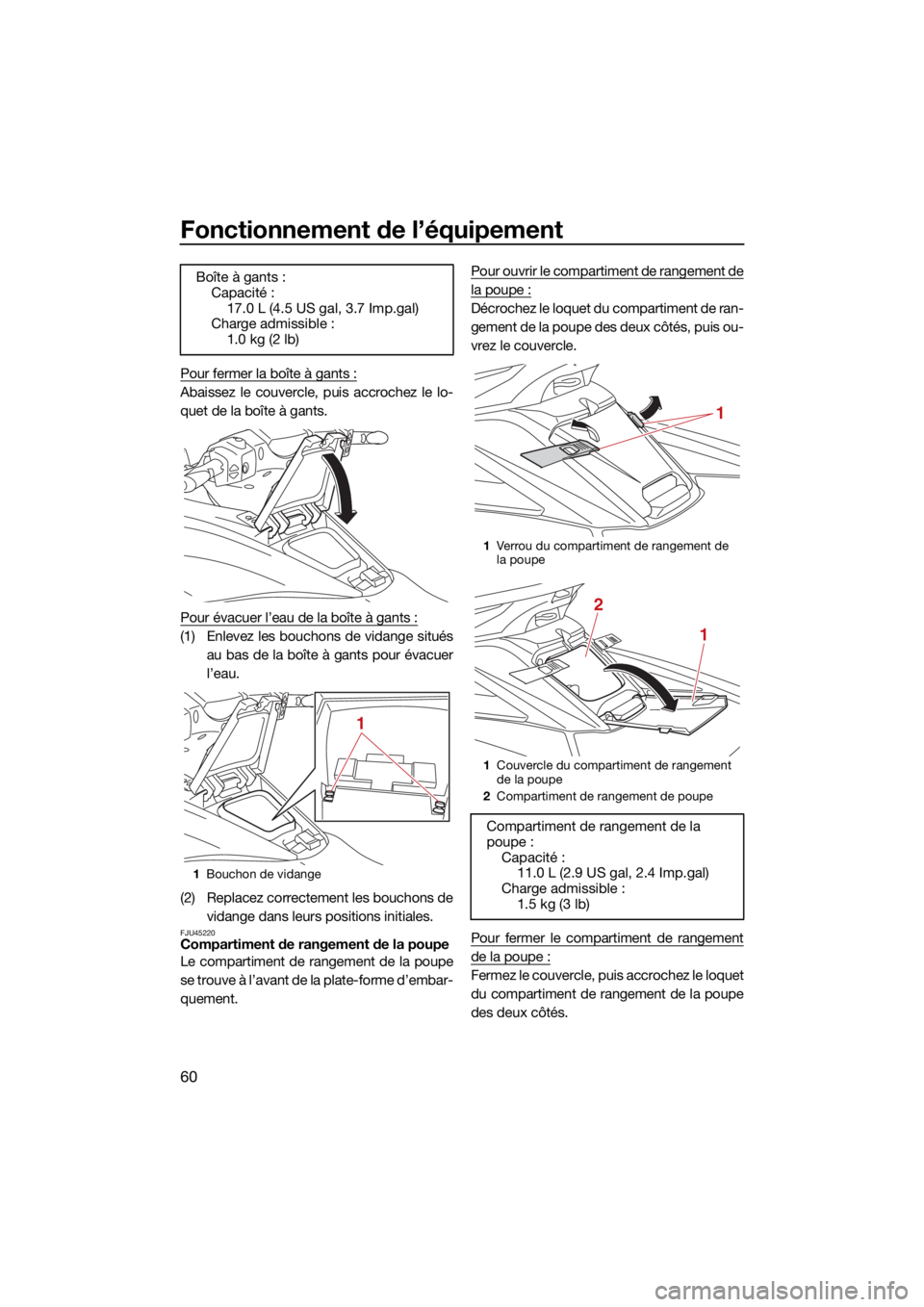 YAMAHA FX SVHO 2021 Notices Demploi (in French) Fonctionnement de l’équipement
60
Pour fermer la boîte à gants :
Abaissez le couvercle, puis accrochez le lo-
quet de la boîte à gants.
Pour évacuer l’eau de la boîte à gants :
(1) Enlevez YAMAHA FX SVHO 2021 Notices Demploi (in French) Fonctionnement de l’équipement
60
Pour fermer la boîte à gants :
Abaissez le couvercle, puis accrochez le lo-
quet de la boîte à gants.
Pour évacuer l’eau de la boîte à gants :
(1) Enlevez