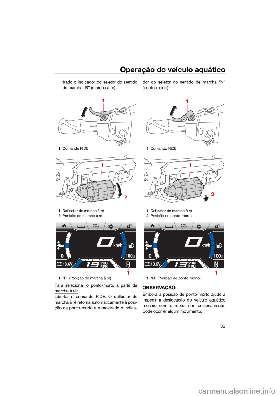 YAMAHA FX SVHO 2021 Manual de utilização (in Portuguese) Operação do veículo aquático
35
trado o indicador do seletor do sentido
de marcha “R” (marcha à ré).
Para selecionar o ponto-morto a partir da
marcha à ré:
Libertar o comando RiDE. O defle YAMAHA FX SVHO 2021 Manual de utilização (in Portuguese) Operação do veículo aquático
35
trado o indicador do seletor do sentido
de marcha “R” (marcha à ré).
Para selecionar o ponto-morto a partir da
marcha à ré:
Libertar o comando RiDE. O defle