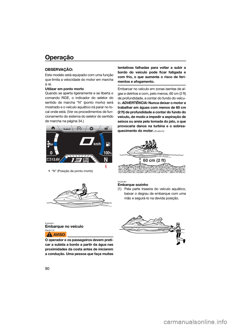 YAMAHA FX SVHO 2021 Manual de utilização (in Portuguese) Operação
90
OBSERVAÇÃO:
Este modelo está equipado com uma função
que limita a velocidade do motor em marcha
à ré.
Utilizar em ponto morto
Quando se aperta ligeiramente e se liberta o
comando YAMAHA FX SVHO 2021 Manual de utilização (in Portuguese) Operação
90
OBSERVAÇÃO:
Este modelo está equipado com uma função
que limita a velocidade do motor em marcha
à ré.
Utilizar em ponto morto
Quando se aperta ligeiramente e se liberta o
comando