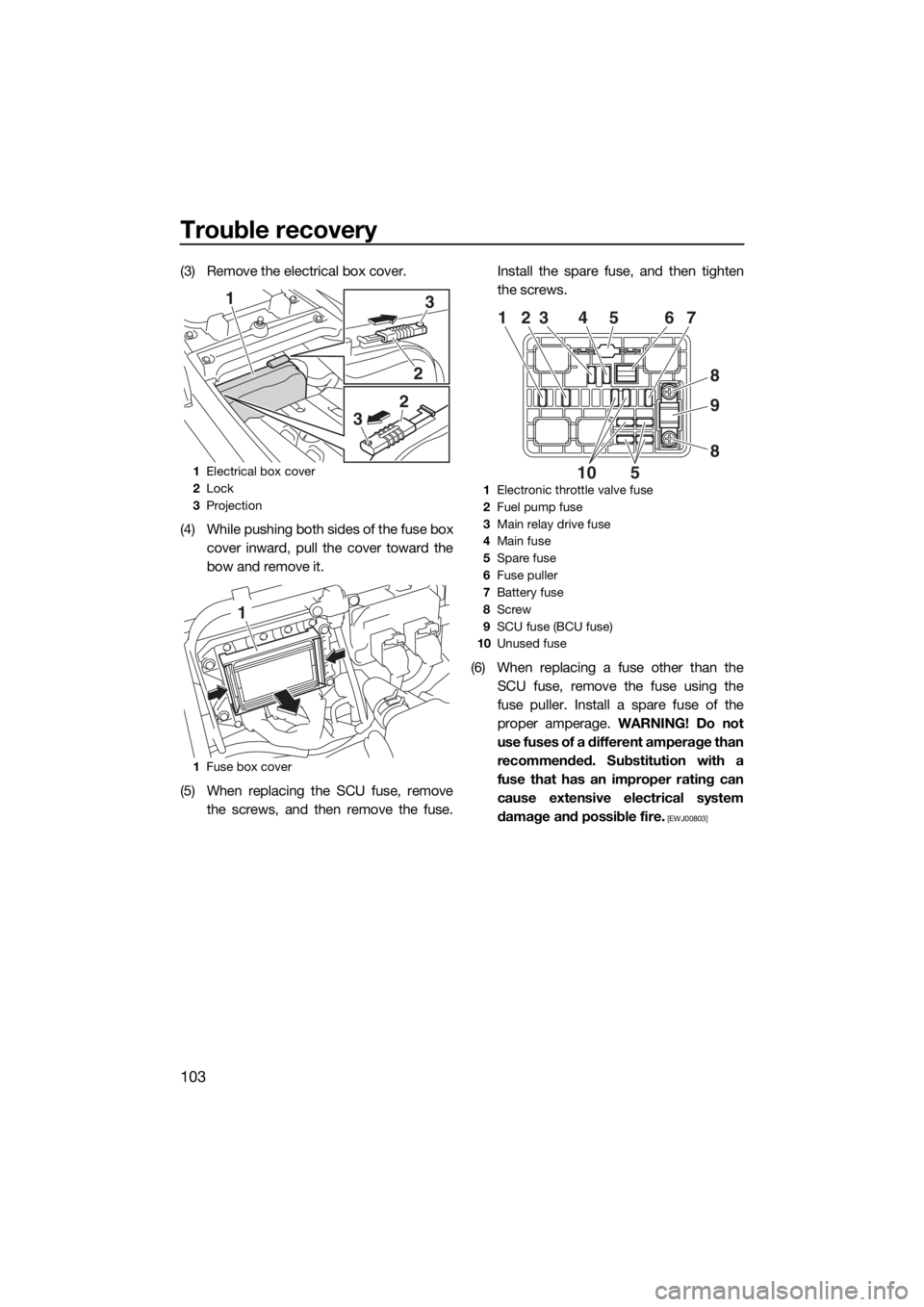 YAMAHA FX SVHO 2020 Owners Manual Trouble recovery
103
(3) Remove the electrical box cover.
(4) While pushing both sides of the fuse box
cover inward, pull the cover toward the
bow and remove it.
(5) When replacing the SCU fuse, remov YAMAHA FX SVHO 2020 Owners Manual Trouble recovery
103
(3) Remove the electrical box cover.
(4) While pushing both sides of the fuse box
cover inward, pull the cover toward the
bow and remove it.
(5) When replacing the SCU fuse, remov