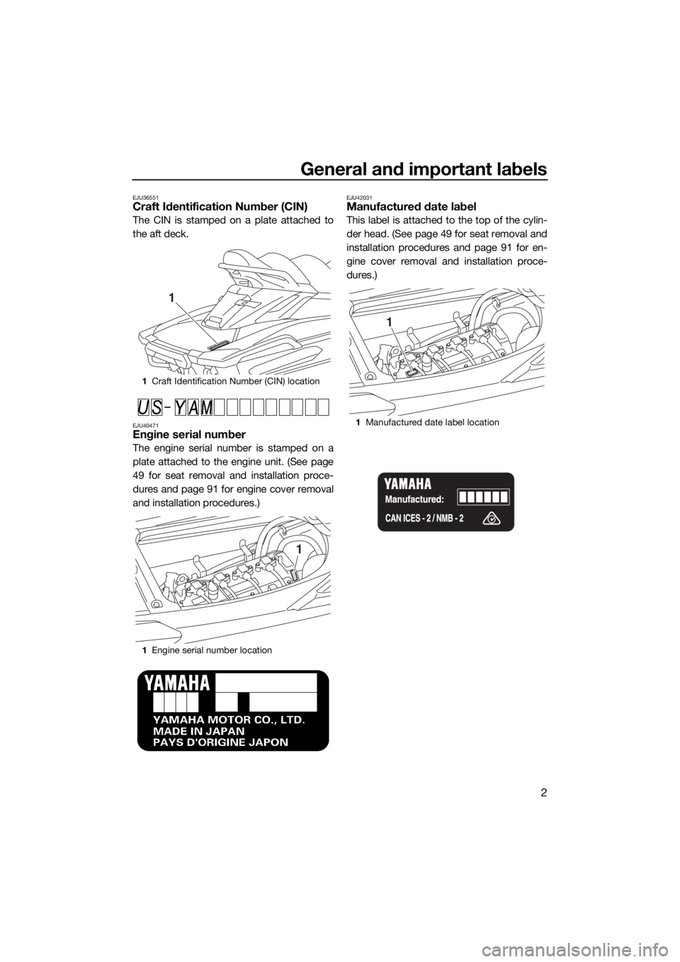 YAMAHA FX SVHO 2020 Owners Manual General and important labels
2
EJU36551Craft Identification Number (CIN)
The CIN is stamped on a plate attached to
the aft deck.
EJU40471Engine serial number
The engine serial number is stamped on a
p YAMAHA FX SVHO 2020 Owners Manual General and important labels
2
EJU36551Craft Identification Number (CIN)
The CIN is stamped on a plate attached to
the aft deck.
EJU40471Engine serial number
The engine serial number is stamped on a
p