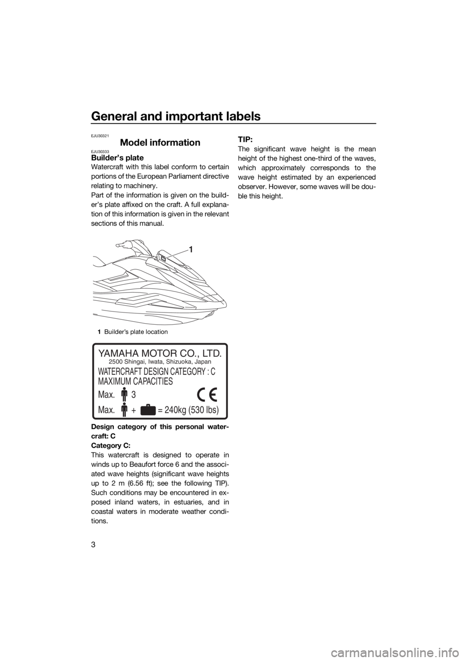 YAMAHA FX SVHO 2020 Owners Manual General and important labels
3
EJU30321
Model informationEJU30333Builder’s plate
Watercraft with this label conform to certain
portions of the European Parliament directive
relating to machinery.
Pa YAMAHA FX SVHO 2020 Owners Manual General and important labels
3
EJU30321
Model informationEJU30333Builder’s plate
Watercraft with this label conform to certain
portions of the European Parliament directive
relating to machinery.
Pa