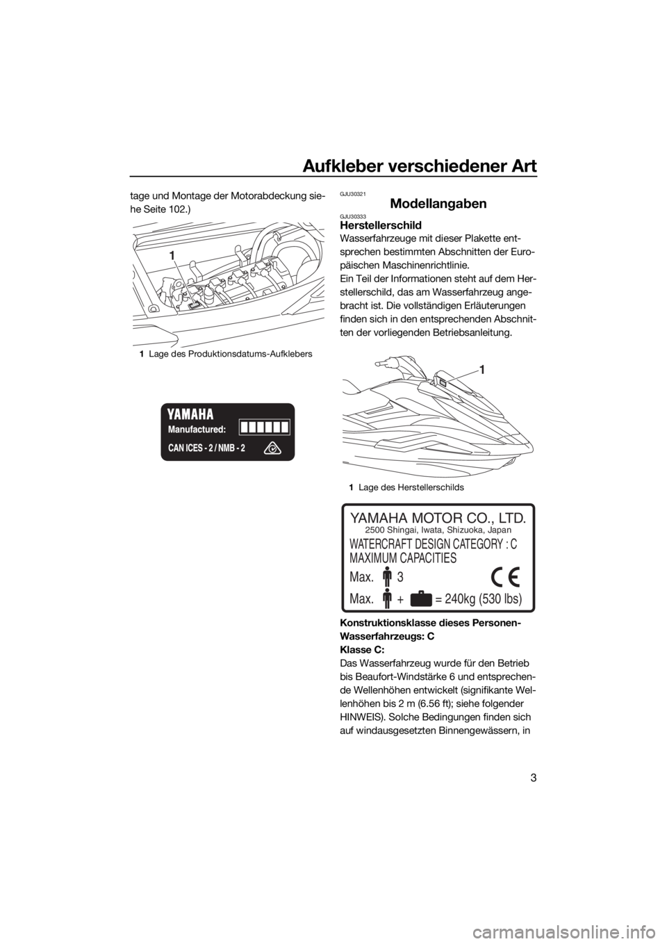 YAMAHA FX SVHO 2020  Betriebsanleitungen (in German) Aufkleber verschiedener Art
3
tage und Montage der Motorabdeckung sie-
he Seite 102.)GJU30321
ModellangabenGJU30333Herstellerschild
Wasserfahrzeuge mit dieser Plakette ent-
sprechen bestimmten Abschni