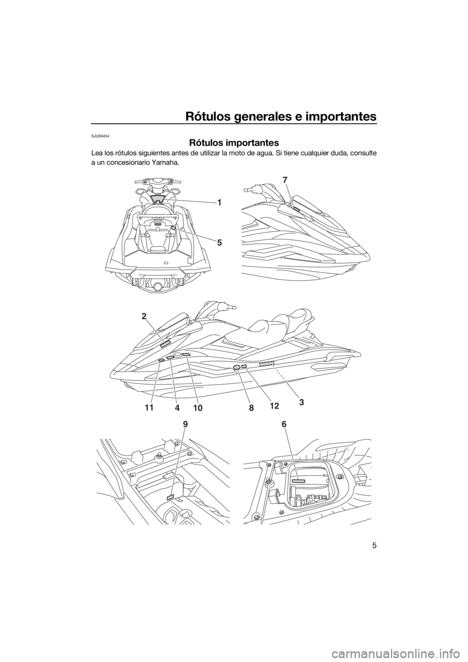YAMAHA FX SVHO 2020 Manuale de Empleo (in Spanish) Rótulos generales e importantes
5
SJU30454
Rótulos importantes
Lea los rótulos siguientes antes de utilizar la moto de agua. Si tiene cualquier duda, consulte
a un concesionario Yamaha.
1
5
2
96
41 YAMAHA FX SVHO 2020 Manuale de Empleo (in Spanish) Rótulos generales e importantes
5
SJU30454
Rótulos importantes
Lea los rótulos siguientes antes de utilizar la moto de agua. Si tiene cualquier duda, consulte
a un concesionario Yamaha.
1
5
2
96
41