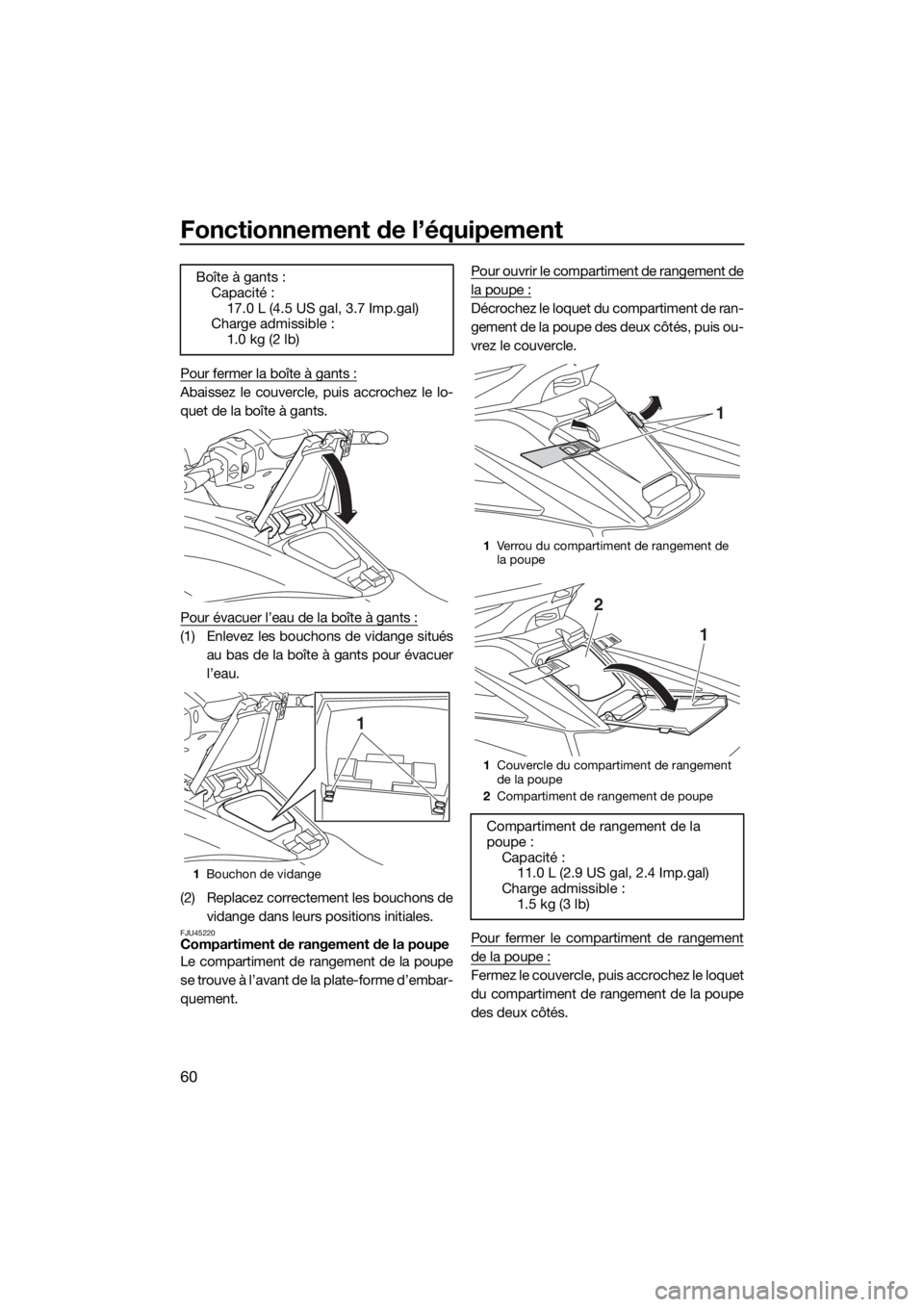 YAMAHA FX SVHO 2020  Notices Demploi (in French) Fonctionnement de l’équipement
60
Pour fermer la boîte à gants :
Abaissez le couvercle, puis accrochez le lo-
quet de la boîte à gants.
Pour évacuer l’eau de la boîte à gants :
(1) Enlevez