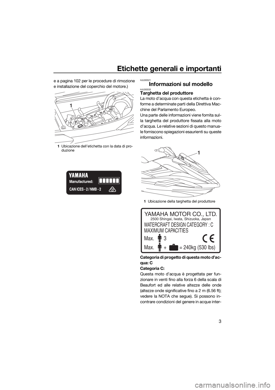 YAMAHA FX SVHO 2020  Manuale duso (in Italian) Etichette generali e importanti
3
e a pagina 102 per le procedure di rimozione
e installazione del coperchio del motore.)HJU30321
Informazioni sul modelloHJU30333Targhetta del produttore
La moto d’a