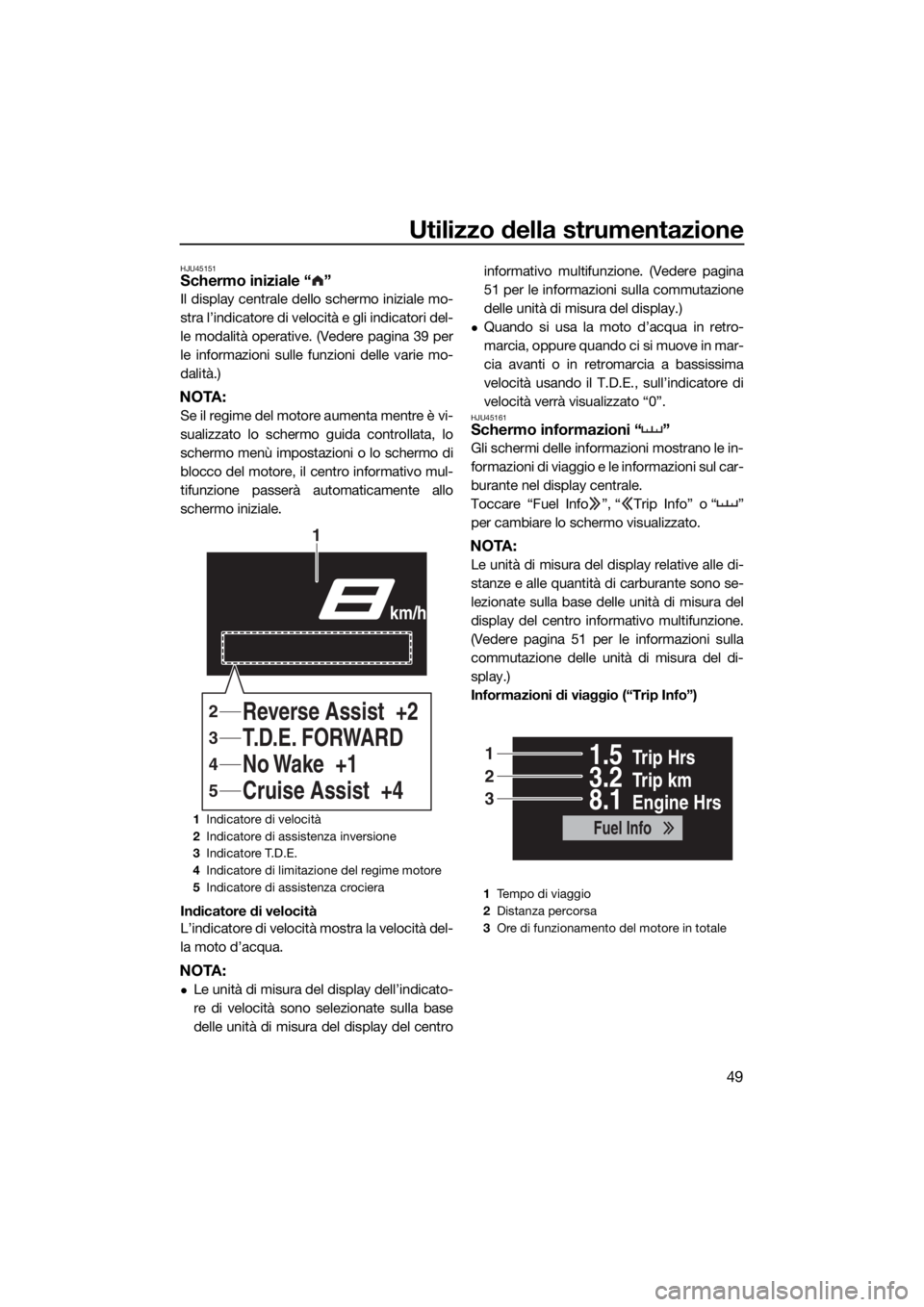 YAMAHA FX SVHO 2020  Manuale duso (in Italian) Utilizzo della strumentazione
49
HJU45151Schermo iniziale “ ”
Il display centrale dello schermo iniziale mo-
stra l’indicatore di velocità e gli indicatori del-
le modalità operative. (Vedere 
