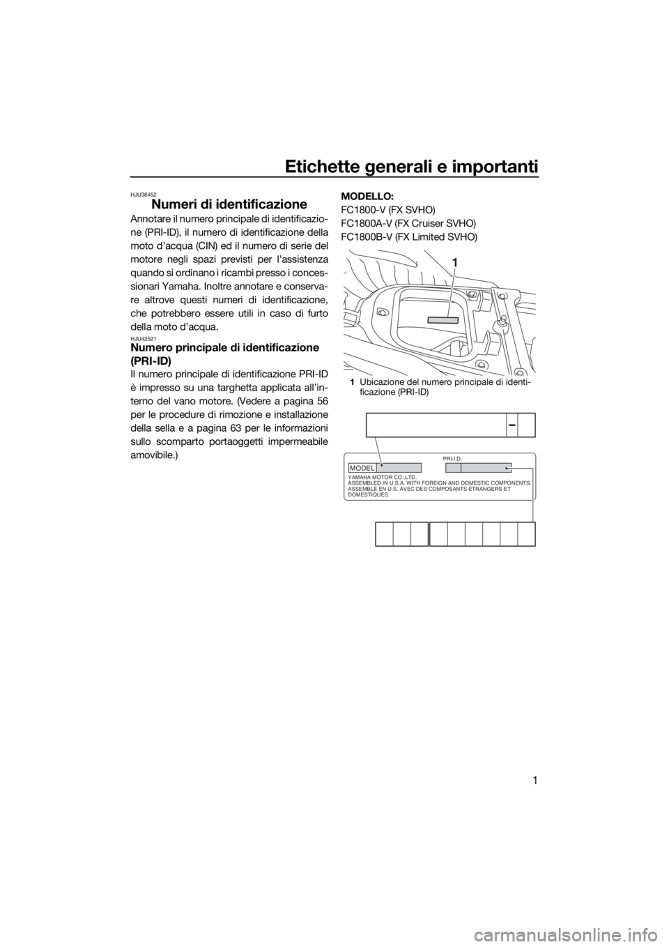 YAMAHA FX SVHO 2020 Manuale duso (in Italian) Etichette generali e importanti
1
HJU36452
Numeri di identificazione
Annotare il numero principale di identificazio-
ne (PRI-ID), il numero di identificazione della
moto d’acqua (CIN) ed il numero d YAMAHA FX SVHO 2020 Manuale duso (in Italian) Etichette generali e importanti
1
HJU36452
Numeri di identificazione
Annotare il numero principale di identificazio-
ne (PRI-ID), il numero di identificazione della
moto d’acqua (CIN) ed il numero d