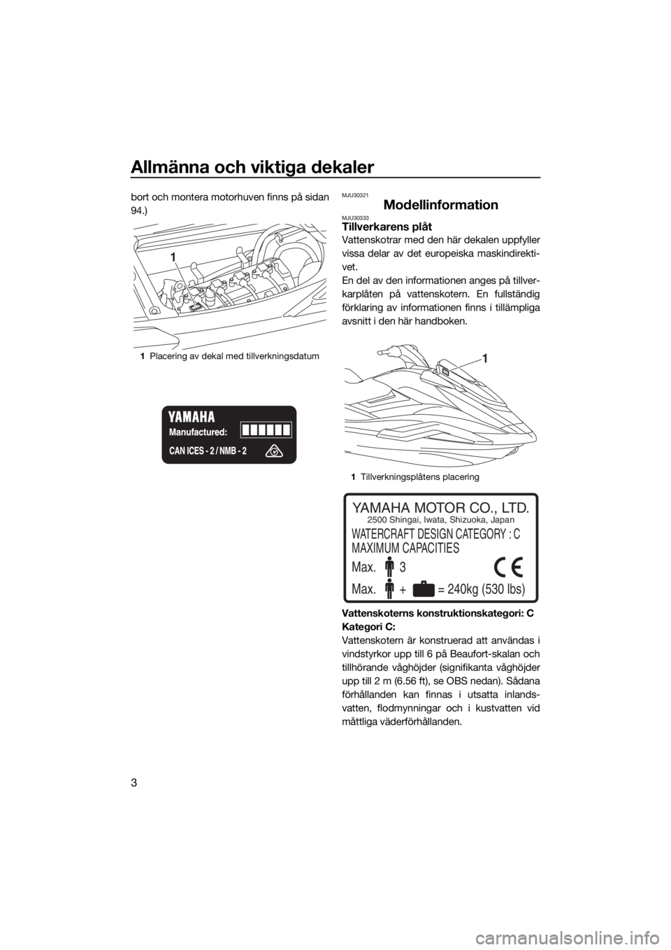 YAMAHA FX SVHO 2020  Bruksanvisningar (in Swedish) Allmänna och viktiga dekaler
3
bort och montera motorhuven finns på sidan
94.)MJU30321
ModellinformationMJU30333Tillverkarens plåt
Vattenskotrar med den här dekalen uppfyller
vissa delar av det eu
