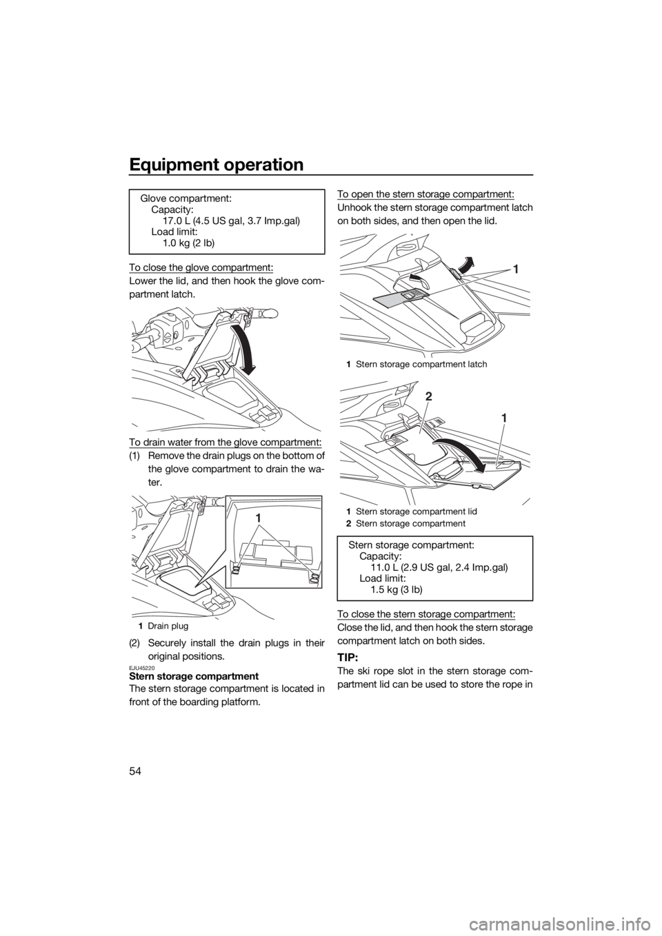YAMAHA FX SVHO 2019 Workshop Manual Equipment operation
54
To close the glove compartment:
Lower the lid, and then hook the glove com-
partment latch.
To drain water from the glove compartment:
(1) Remove the drain plugs on the bottom o