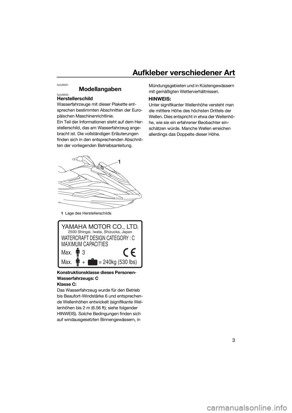 YAMAHA FX SVHO 2019 Betriebsanleitungen (in German) Aufkleber verschiedener Art
3
GJU30321
ModellangabenGJU30333Herstellerschild
Wasserfahrzeuge mit dieser Plakette ent-
sprechen bestimmten Abschnitten der Euro-
päischen Maschinenrichtlinie.
Ein Teil YAMAHA FX SVHO 2019 Betriebsanleitungen (in German) Aufkleber verschiedener Art
3
GJU30321
ModellangabenGJU30333Herstellerschild
Wasserfahrzeuge mit dieser Plakette ent-
sprechen bestimmten Abschnitten der Euro-
päischen Maschinenrichtlinie.
Ein Teil