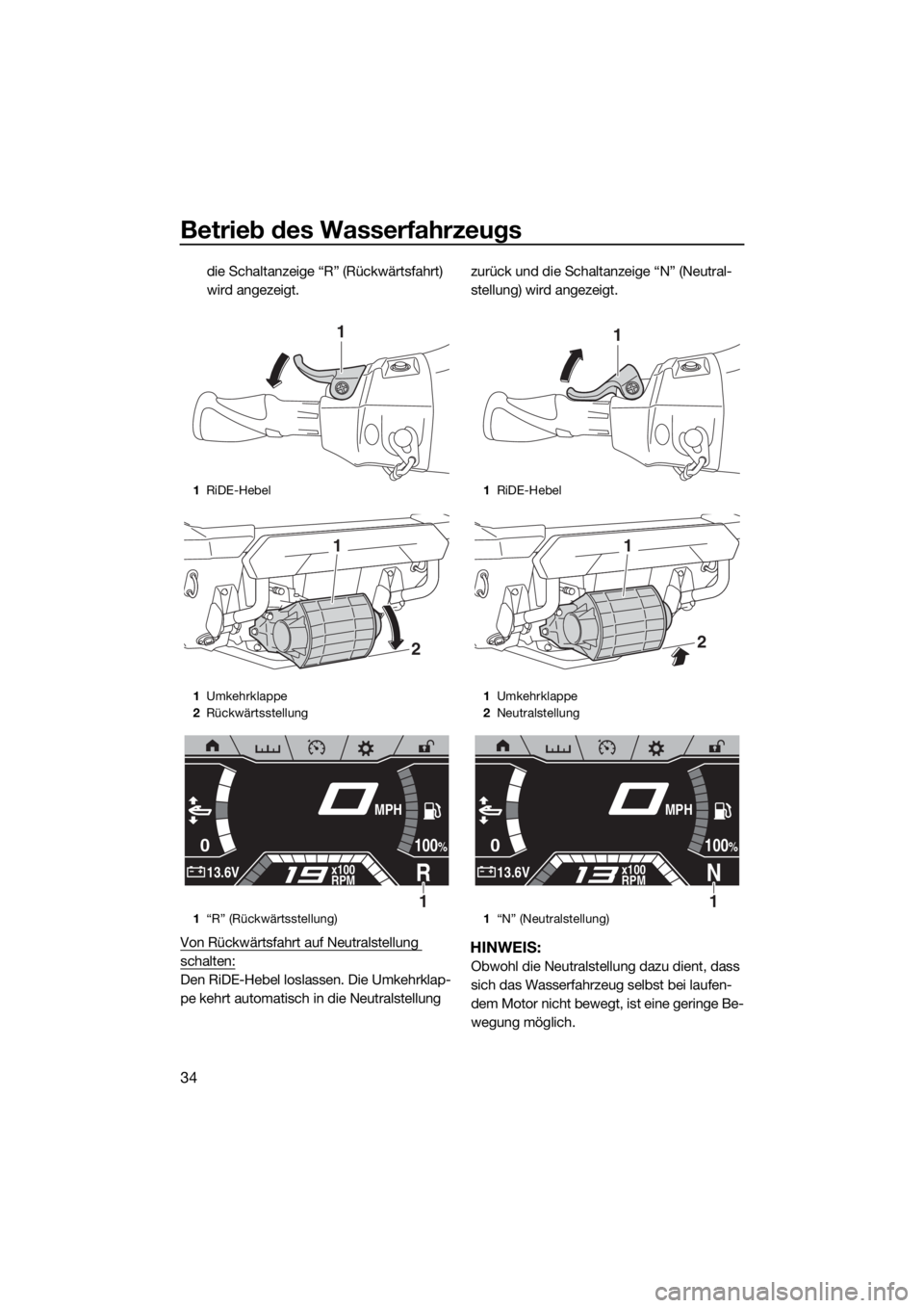 YAMAHA FX SVHO 2019 Betriebsanleitungen (in German) Betrieb des Wasserfahrzeugs
34
die Schaltanzeige “R” (Rückwärtsfahrt)
wird angezeigt.
Von Rückwärtsfahrt auf Neutralstellung
schalten:
Den RiDE-Hebel loslassen. Die Umkehrklap-
pe kehrt auto YAMAHA FX SVHO 2019 Betriebsanleitungen (in German) Betrieb des Wasserfahrzeugs
34
die Schaltanzeige “R” (Rückwärtsfahrt)
wird angezeigt.
Von Rückwärtsfahrt auf Neutralstellung
schalten:
Den RiDE-Hebel loslassen. Die Umkehrklap-
pe kehrt auto