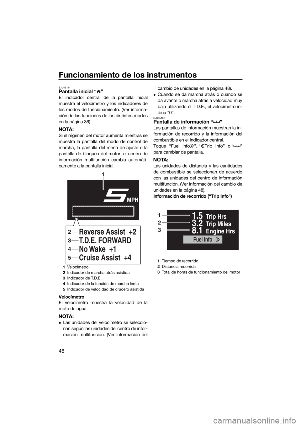YAMAHA FX SVHO 2019  Manuale de Empleo (in Spanish) Funcionamiento de los instrumentos
46
SJU45151Pantalla inicial “ ”
El indicador central de la pantalla inicial
muestra el velocímetro y los indicadores de
los modos de funcionamiento. (Ver inform