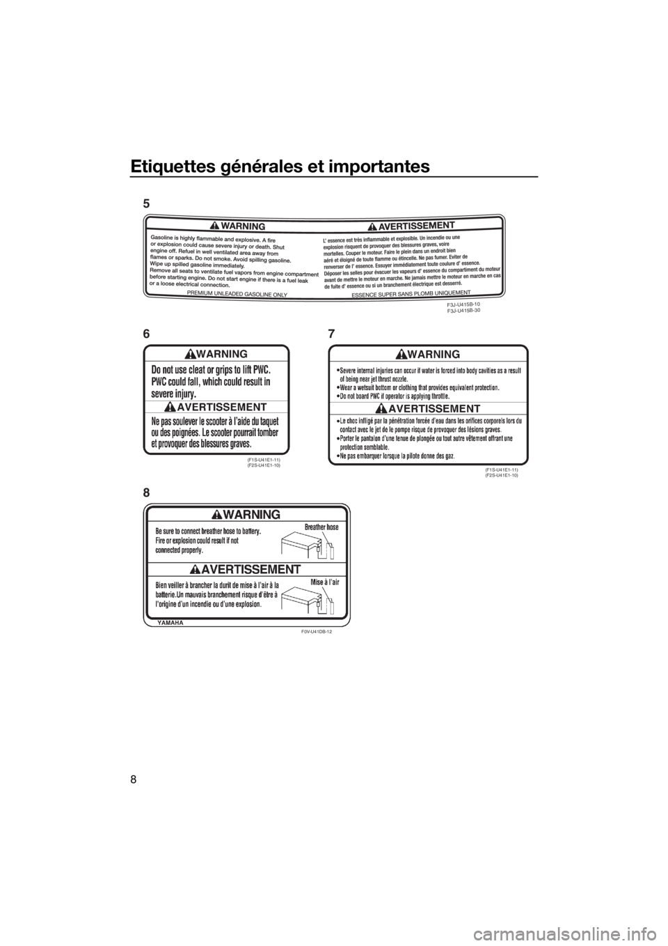 YAMAHA FX SVHO 2019 Notices Demploi (in French) Etiquettes générales et importantes
8
F3J-U415B-
10
F3J-U
415B-
30
F0V-U41DB-12
(F1S-U41E1-11)
(F2S-U41E1-10)(F1S-U41E1-11)
(F2S-U41E1-10)
5
8 67
UF3X70F0.book Page 8 Thursday, August 23, 2018 10 YAMAHA FX SVHO 2019 Notices Demploi (in French) Etiquettes générales et importantes
8
F3J-U415B-
10
F3J-U
415B-
30
F0V-U41DB-12
(F1S-U41E1-11)
(F2S-U41E1-10)(F1S-U41E1-11)
(F2S-U41E1-10)
5
8 67
UF3X70F0.book Page 8 Thursday, August 23, 2018 10