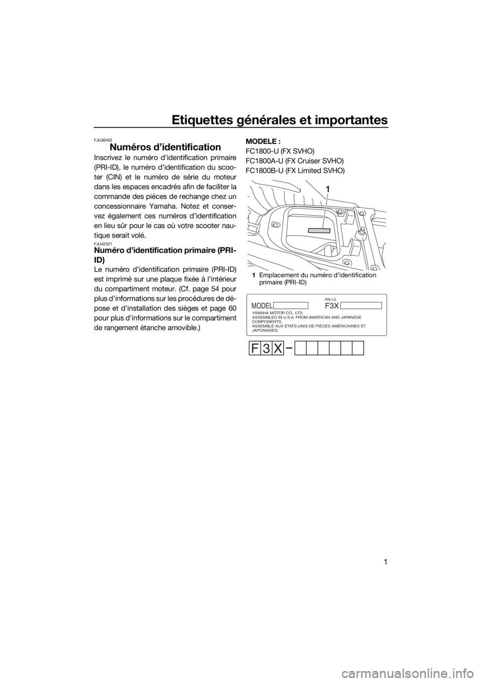 YAMAHA FX SVHO 2019 Notices Demploi (in French) Etiquettes générales et importantes
1
FJU36452
Numéros d’identification
Inscrivez le numéro d’identification primaire
(PRI-ID), le numéro d’identification du scoo-
ter (CIN) et le numéro d YAMAHA FX SVHO 2019 Notices Demploi (in French) Etiquettes générales et importantes
1
FJU36452
Numéros d’identification
Inscrivez le numéro d’identification primaire
(PRI-ID), le numéro d’identification du scoo-
ter (CIN) et le numéro d