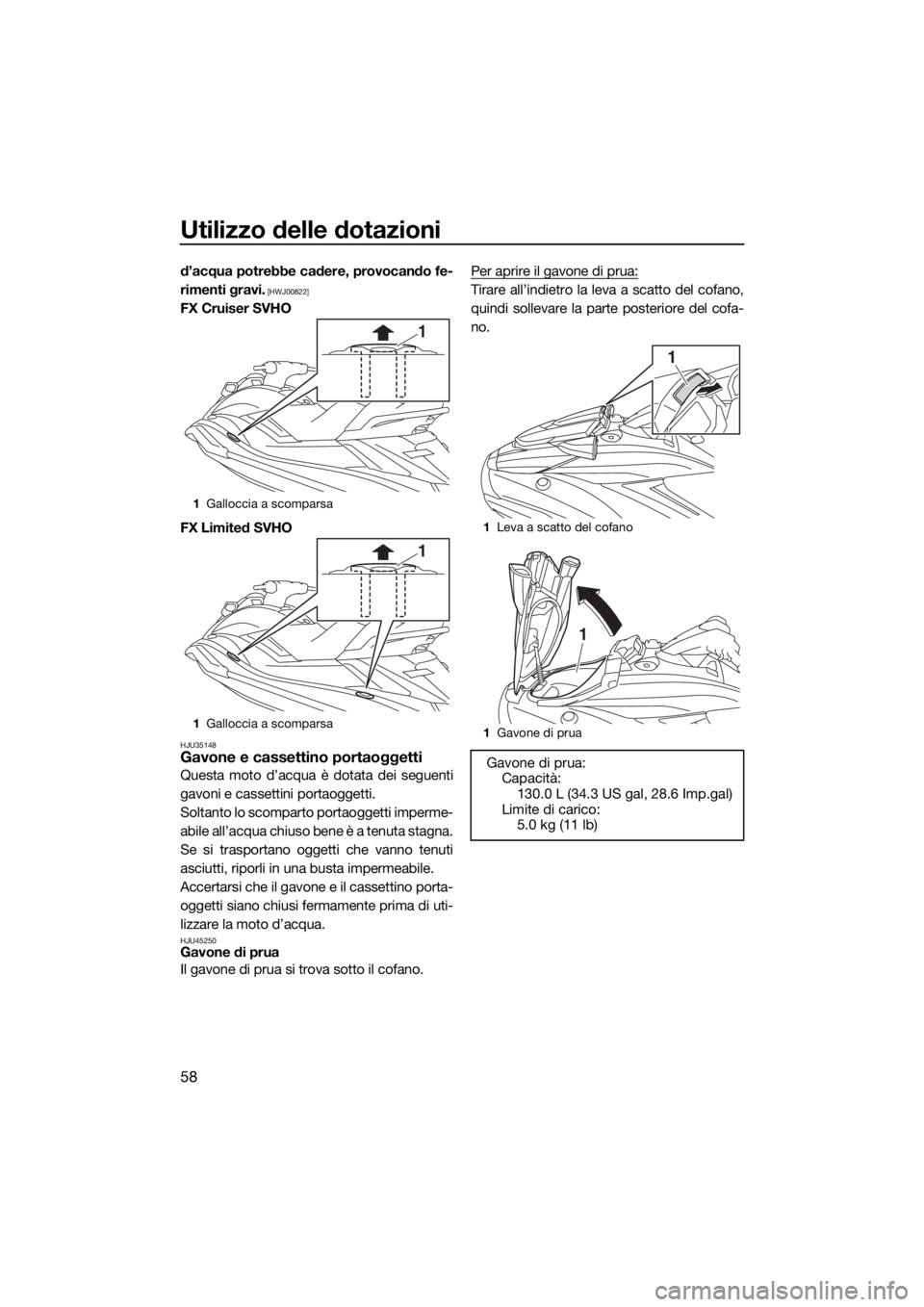 YAMAHA FX SVHO 2019  Manuale duso (in Italian) Utilizzo delle dotazioni
58
d’acqua potrebbe cadere, provocando fe-
rimenti gravi.
 [HWJ00822]
FX Cruiser SVHO
FX Limited SVHO
HJU35148Gavone e cassettino portaoggetti
Questa moto d’acqua è dotat
