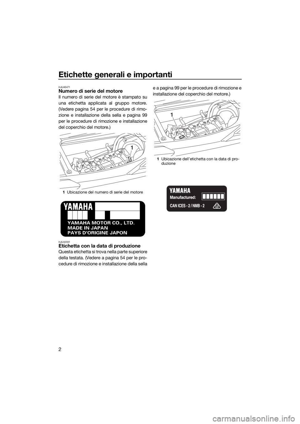 YAMAHA FX SVHO 2019 Manuale duso (in Italian) Etichette generali e importanti
2
HJU40471Numero di serie del motore
Il numero di serie del motore è stampato su
una etichetta applicata al gruppo motore.
(Vedere pagina 54 per le procedure di rimo-
YAMAHA FX SVHO 2019 Manuale duso (in Italian) Etichette generali e importanti
2
HJU40471Numero di serie del motore
Il numero di serie del motore è stampato su
una etichetta applicata al gruppo motore.
(Vedere pagina 54 per le procedure di rimo-