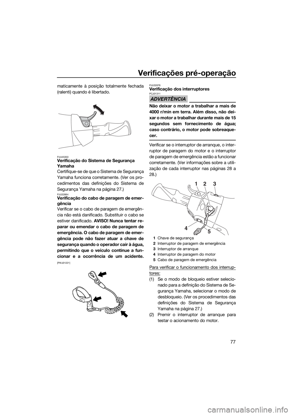YAMAHA FX SVHO 2019 Manual de utilização (in Portuguese) Verificações pré-operação
77
maticamente à posição totalmente fechada
(ralenti) quando é libertado.
PJU45350Verificação do Sistema de Segurança
Yamaha
Certifique-se de que o Sistema de Se YAMAHA FX SVHO 2019 Manual de utilização (in Portuguese) Verificações pré-operação
77
maticamente à posição totalmente fechada
(ralenti) quando é libertado.
PJU45350Verificação do Sistema de Segurança
Yamaha
Certifique-se de que o Sistema de Se