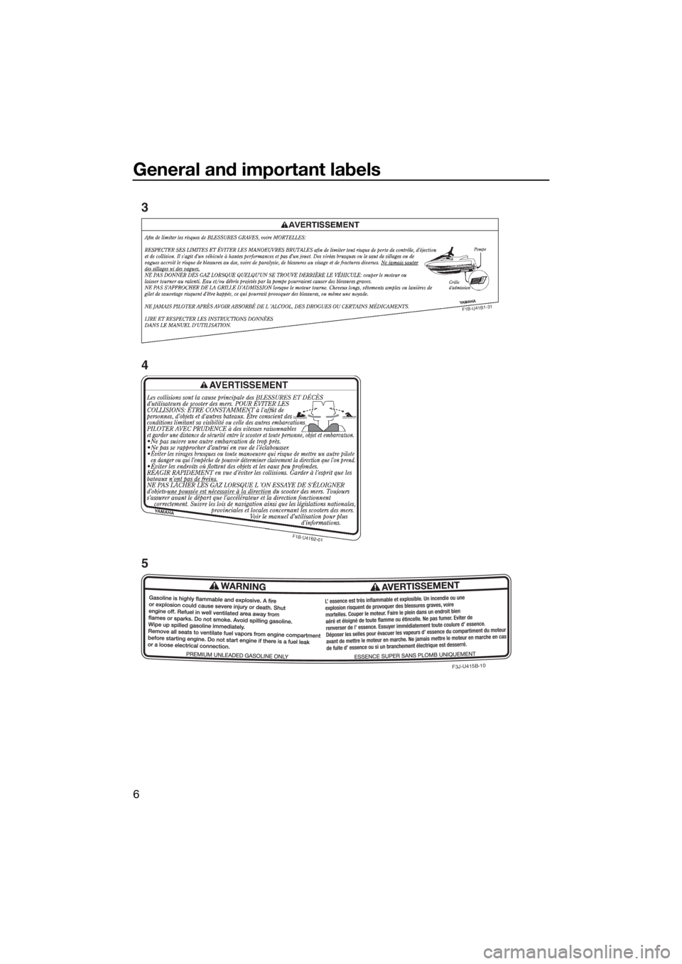 YAMAHA FX SVHO 2018 User Guide General and important labels
6
F1B-U41B1-31
F3J-U415B-10
3
4
5
UF3J75E0.book Page 6 Friday, July 7, 2017 9:55 AM YAMAHA FX SVHO 2018 User Guide General and important labels
6
F1B-U41B1-31
F3J-U415B-10
3
4
5
UF3J75E0.book Page 6 Friday, July 7, 2017 9:55 AM