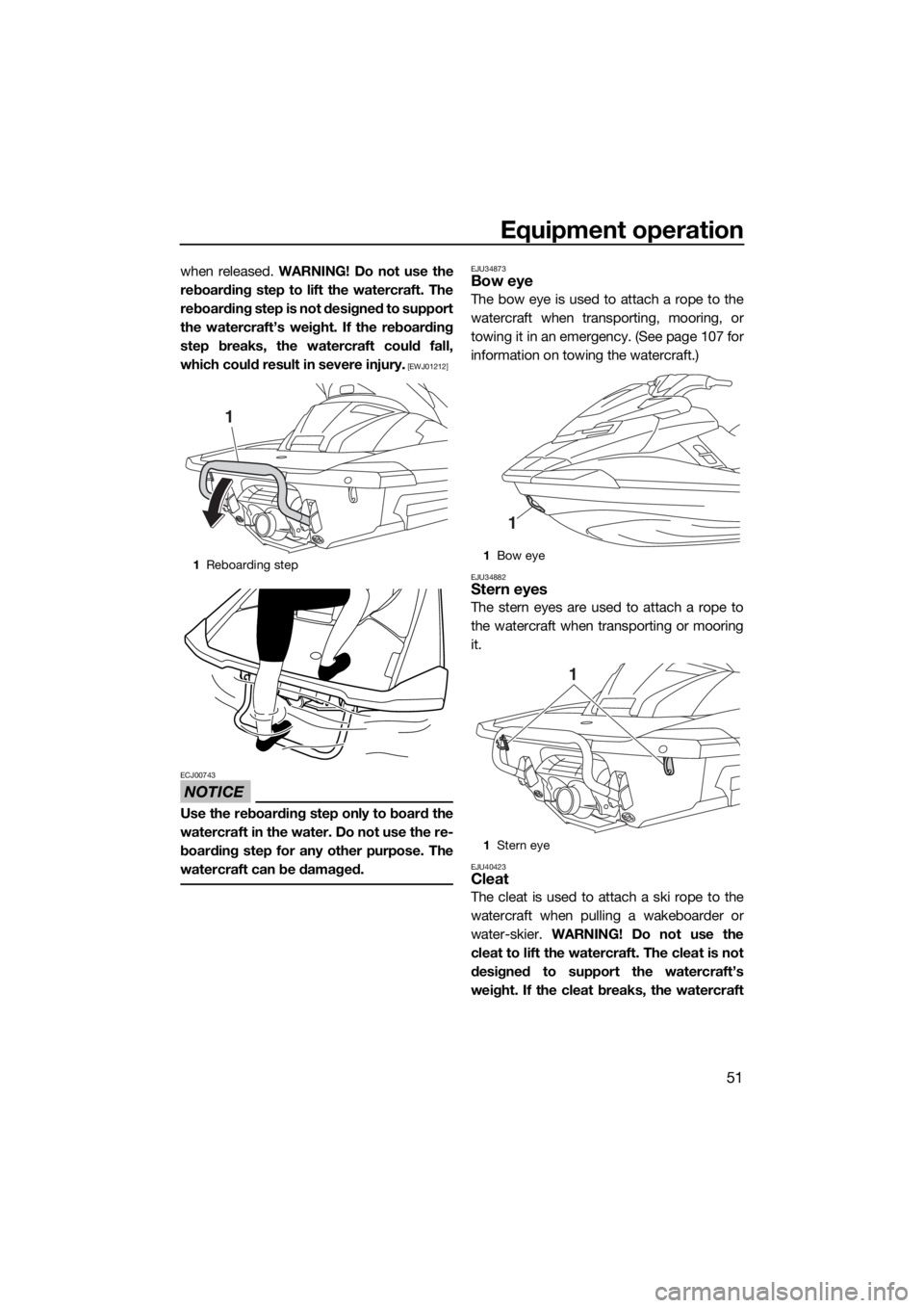 YAMAHA FX SVHO 2018 Workshop Manual Equipment operation
51
when released. WARNING! Do not use the
reboarding step to lift the watercraft. The
reboarding step is not designed to support
the watercraft’s weight. If the reboarding
step b YAMAHA FX SVHO 2018 Workshop Manual Equipment operation
51
when released. WARNING! Do not use the
reboarding step to lift the watercraft. The
reboarding step is not designed to support
the watercraft’s weight. If the reboarding
step b