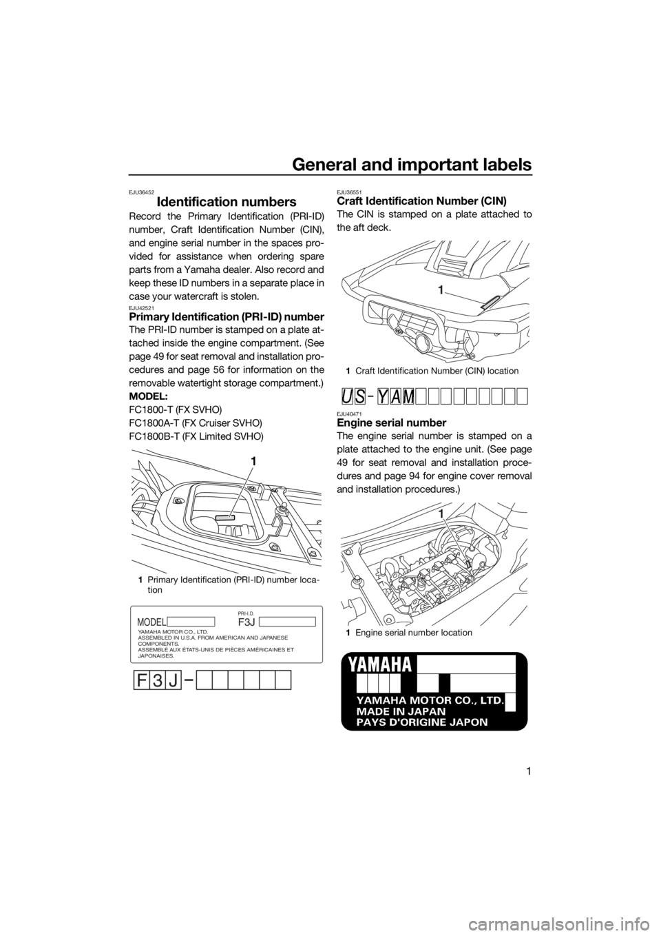 YAMAHA FX SVHO 2018 Owners Manual General and important labels
1
EJU36452
Identification numbers
Record the Primary Identification (PRI-ID)
number, Craft Identification Number (CIN),
and engine serial number in the spaces pro-
vided f YAMAHA FX SVHO 2018 Owners Manual General and important labels
1
EJU36452
Identification numbers
Record the Primary Identification (PRI-ID)
number, Craft Identification Number (CIN),
and engine serial number in the spaces pro-
vided f