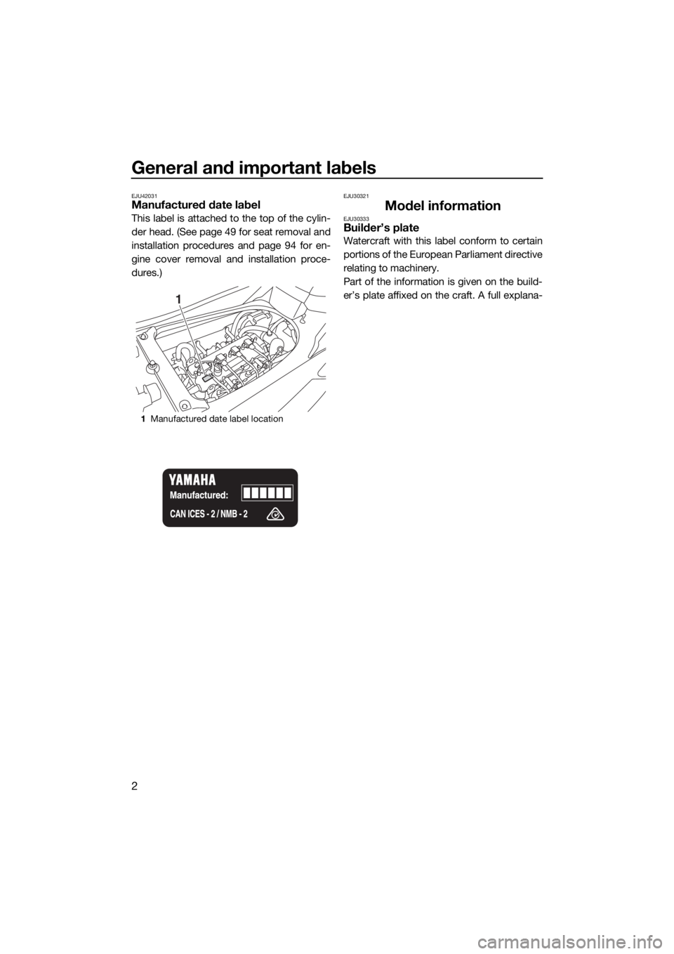 YAMAHA FX SVHO 2018 Owners Manual General and important labels
2
EJU42031Manufactured date label
This label is attached to the top of the cylin-
der head. (See page 49 for seat removal and
installation procedures and page 94 for en-
g YAMAHA FX SVHO 2018 Owners Manual General and important labels
2
EJU42031Manufactured date label
This label is attached to the top of the cylin-
der head. (See page 49 for seat removal and
installation procedures and page 94 for en-
g