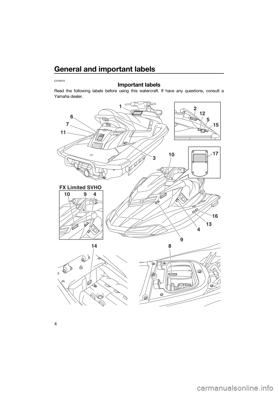 YAMAHA FX SVHO 2018 Owners Manual General and important labels
4
EJU30453
Important labels
Read the following labels before using this watercraft. If have any questions, consult a
Yamaha dealer.
1
11
7
6
10
FX Limited SVHO
8
4
16
13
9 YAMAHA FX SVHO 2018 Owners Manual General and important labels
4
EJU30453
Important labels
Read the following labels before using this watercraft. If have any questions, consult a
Yamaha dealer.
1
11
7
6
10
FX Limited SVHO
8
4
16
13
9