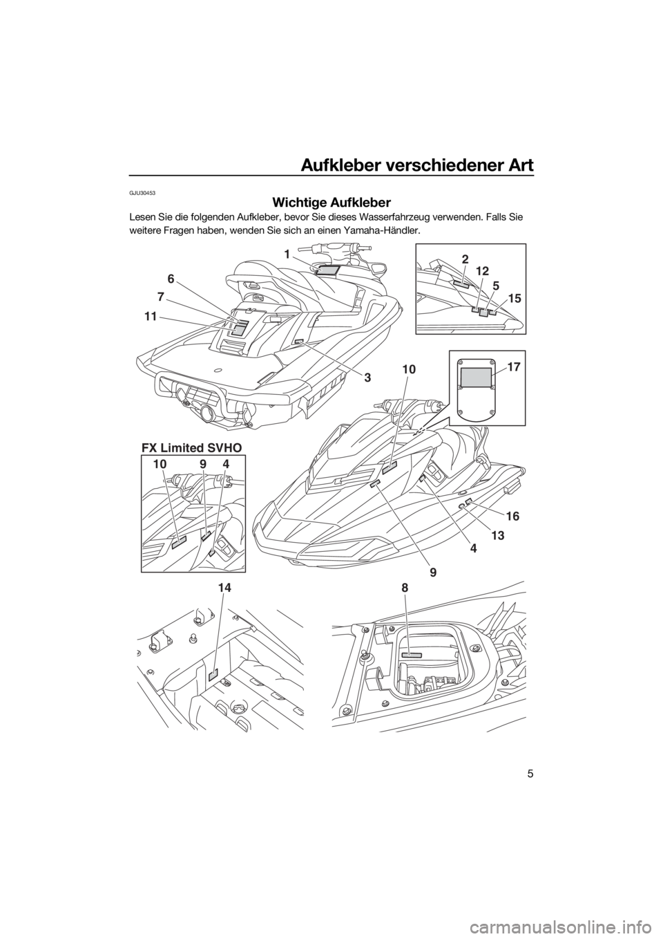 YAMAHA FX SVHO 2018 Betriebsanleitungen (in German) Aufkleber verschiedener Art
5
GJU30453
Wichtige Aufkleber
Lesen Sie die folgenden Aufkleber, bevor Sie dieses Wasserfahrzeug verwenden. Falls Sie
weitere Fragen haben, wenden Sie sich an einen Yamaha YAMAHA FX SVHO 2018 Betriebsanleitungen (in German) Aufkleber verschiedener Art
5
GJU30453
Wichtige Aufkleber
Lesen Sie die folgenden Aufkleber, bevor Sie dieses Wasserfahrzeug verwenden. Falls Sie
weitere Fragen haben, wenden Sie sich an einen Yamaha
