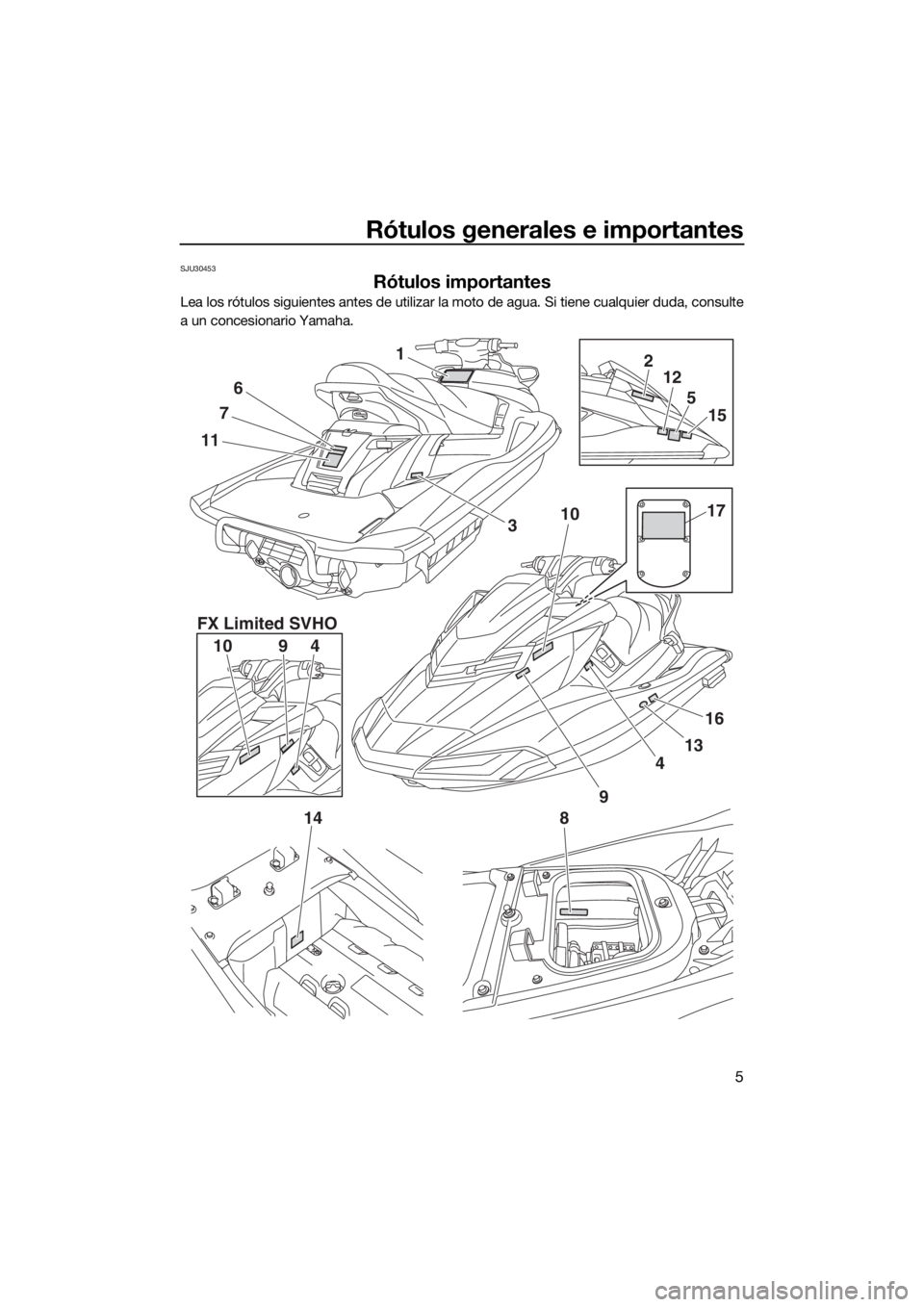 YAMAHA FX SVHO 2018 Manuale de Empleo (in Spanish) Rótulos generales e importantes
5
SJU30453
Rótulos importantes
Lea los rótulos siguientes antes de utilizar la moto de agua. Si tiene cualquier duda, consulte
a un concesionario Yamaha.
1
11
7
6
10 YAMAHA FX SVHO 2018 Manuale de Empleo (in Spanish) Rótulos generales e importantes
5
SJU30453
Rótulos importantes
Lea los rótulos siguientes antes de utilizar la moto de agua. Si tiene cualquier duda, consulte
a un concesionario Yamaha.
1
11
7
6
10