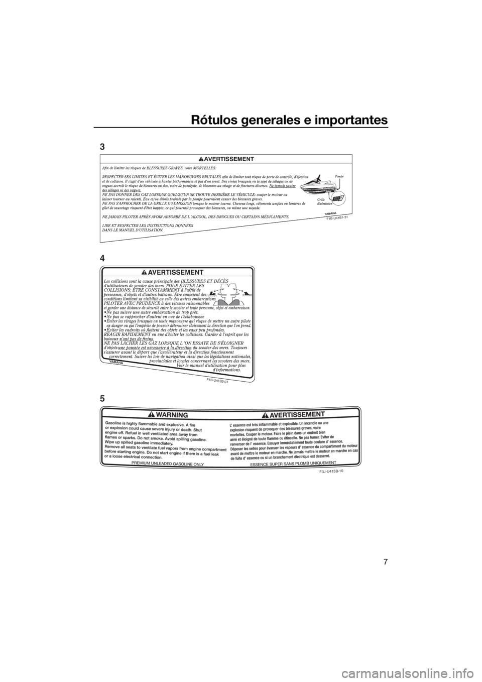 YAMAHA FX SVHO 2018 Manuale de Empleo (in Spanish) Rótulos generales e importantes
7
F1B-U41B1-31
F3J-U415B-10
3
4
5
UF3J75S0.book Page 7 Friday, June 30, 2017 3:27 PM YAMAHA FX SVHO 2018 Manuale de Empleo (in Spanish) Rótulos generales e importantes
7
F1B-U41B1-31
F3J-U415B-10
3
4
5
UF3J75S0.book Page 7 Friday, June 30, 2017 3:27 PM