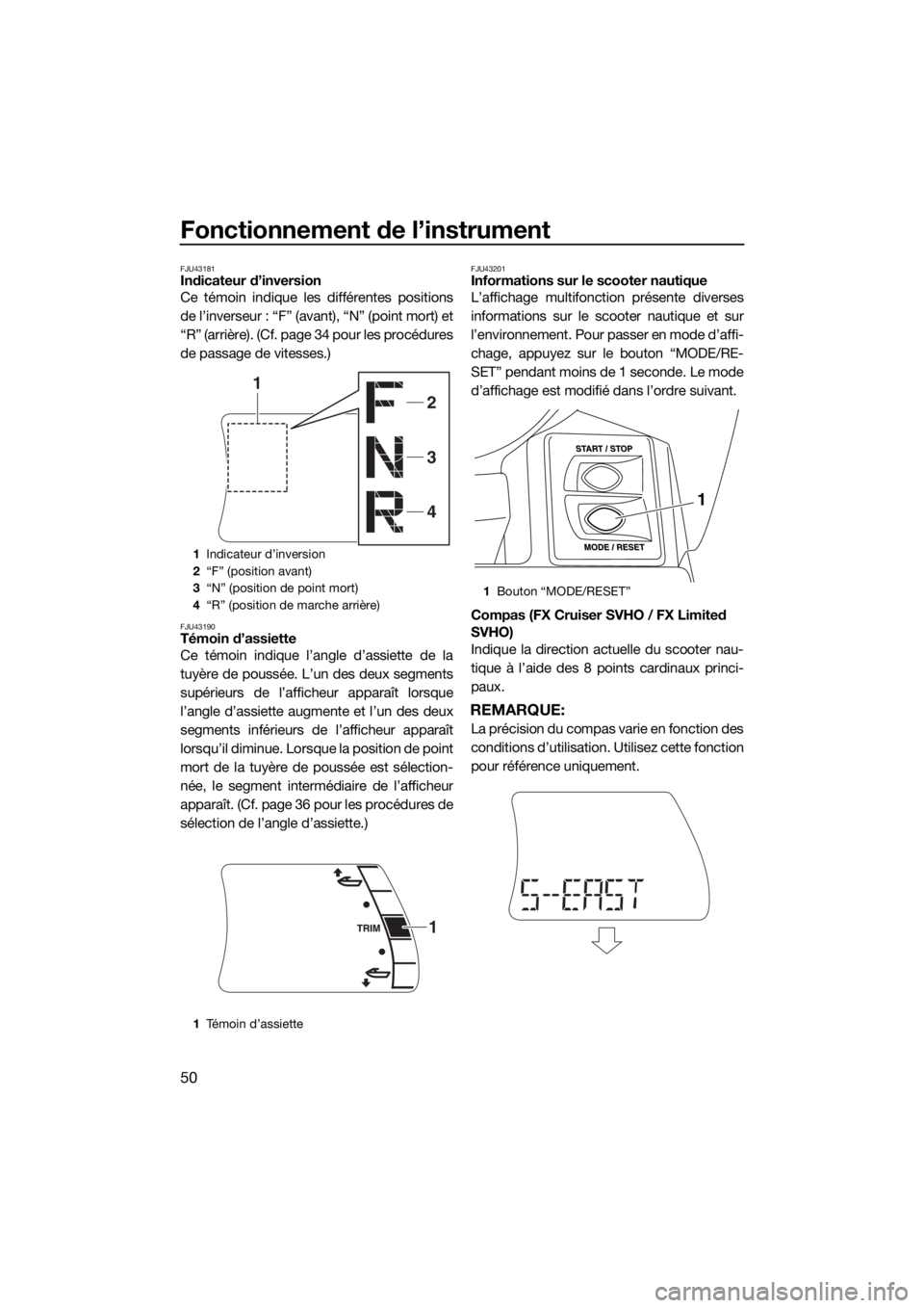 YAMAHA FX SVHO 2018 Notices Demploi (in French) Fonctionnement de l’instrument
50
FJU43181Indicateur d’inversion
Ce témoin indique les différentes positions
de l’inverseur : “F” (avant), “N” (point mort) et
“R” (arrière). (Cf. YAMAHA FX SVHO 2018 Notices Demploi (in French) Fonctionnement de l’instrument
50
FJU43181Indicateur d’inversion
Ce témoin indique les différentes positions
de l’inverseur : “F” (avant), “N” (point mort) et
“R” (arrière). (Cf.