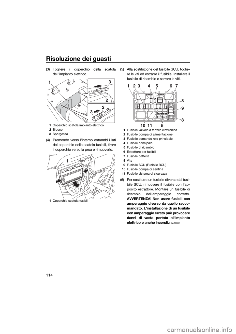 YAMAHA FX SVHO 2018  Manuale duso (in Italian) Risoluzione dei guasti
114
(3) Togliere il coperchio della scatola
dell’impianto elettrico.
(4) Premendo verso l’interno entrambi i lati
del coperchio della scatola fusibili, tirare
il coperchio v