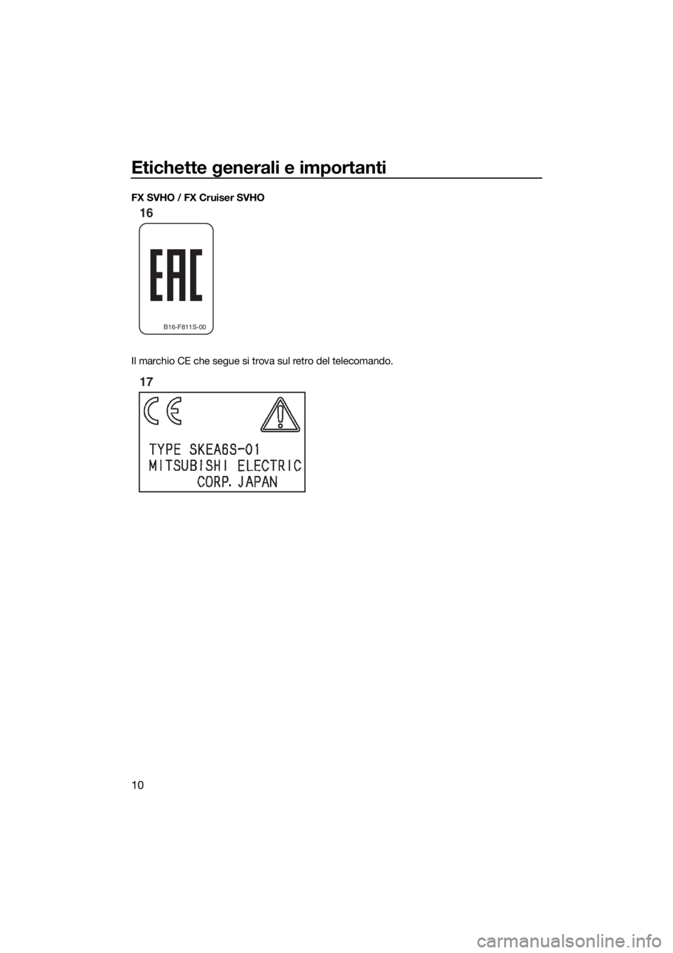 YAMAHA FX SVHO 2018 Manuale duso (in Italian) Etichette generali e importanti
10
FX SVHO / FX Cruiser SVHO
Il marchio CE che segue si trova sul retro del telecomando.
B16-F811S-00
16
17
UF3J75H0.book Page 10 Friday, June 30, 2017 3:17 PM YAMAHA FX SVHO 2018 Manuale duso (in Italian) Etichette generali e importanti
10
FX SVHO / FX Cruiser SVHO
Il marchio CE che segue si trova sul retro del telecomando.
B16-F811S-00
16
17
UF3J75H0.book Page 10 Friday, June 30, 2017 3:17 PM