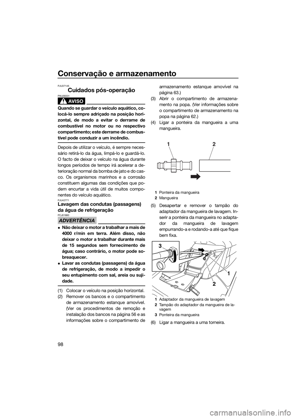 YAMAHA FX SVHO 2018  Manual de utilização (in Portuguese) Conservação e armazenamento
98
PJU37146
Cuidados pós-operação
AVISO
PWJ00331
Quando se guardar o veículo aquático, co-
locá-lo sempre adriçado na posição hori-
zontal, de modo a evitar o de