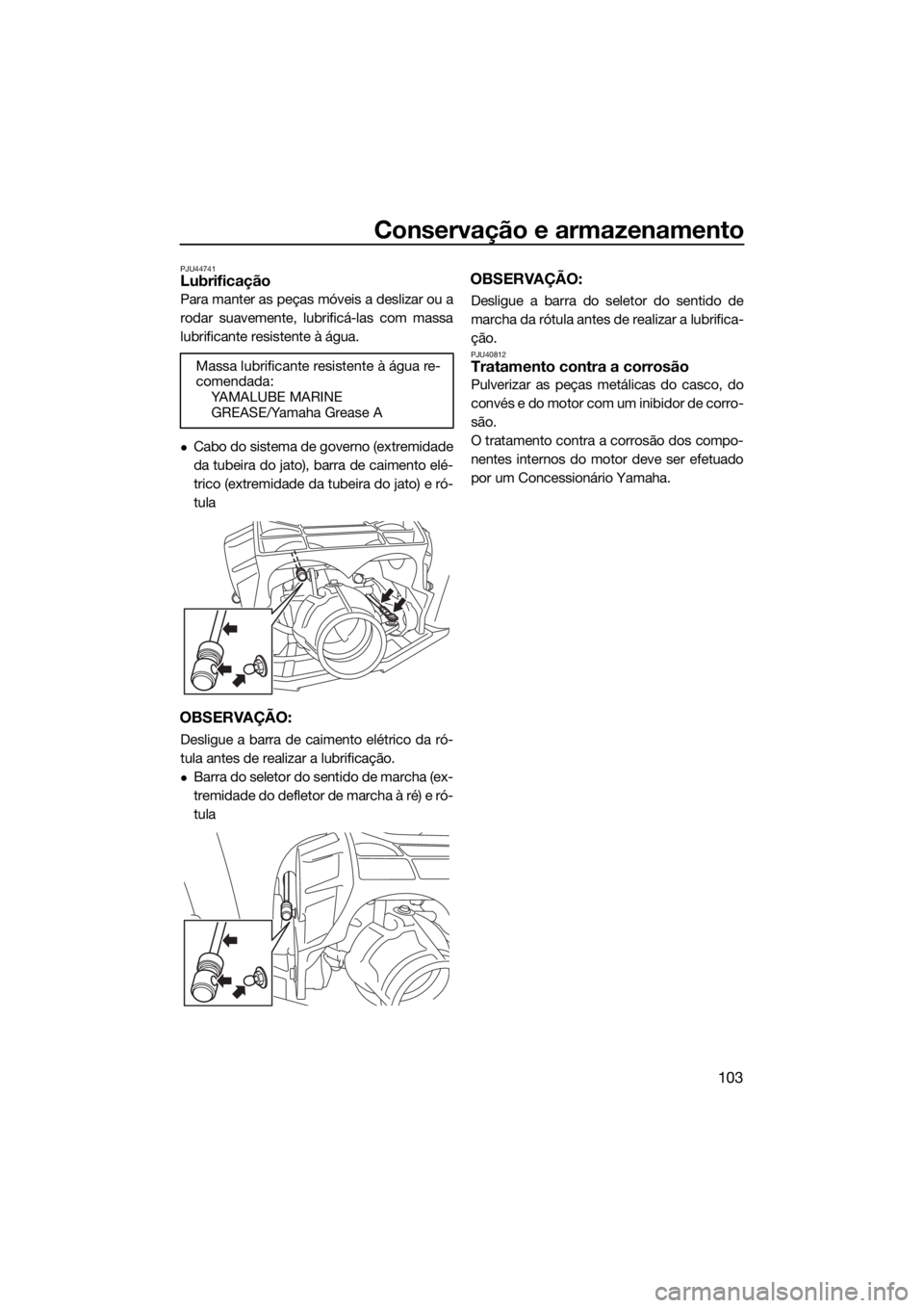 YAMAHA FX SVHO 2018 Manual de utilização (in Portuguese) Conservação e armazenamento
103
PJU44741Lubrificação
Para manter as peças móveis a deslizar ou a
rodar suavemente, lubrificá-las com massa
lubrificante resistente à água.
Cabo do sistema d YAMAHA FX SVHO 2018 Manual de utilização (in Portuguese) Conservação e armazenamento
103
PJU44741Lubrificação
Para manter as peças móveis a deslizar ou a
rodar suavemente, lubrificá-las com massa
lubrificante resistente à água.
Cabo do sistema d