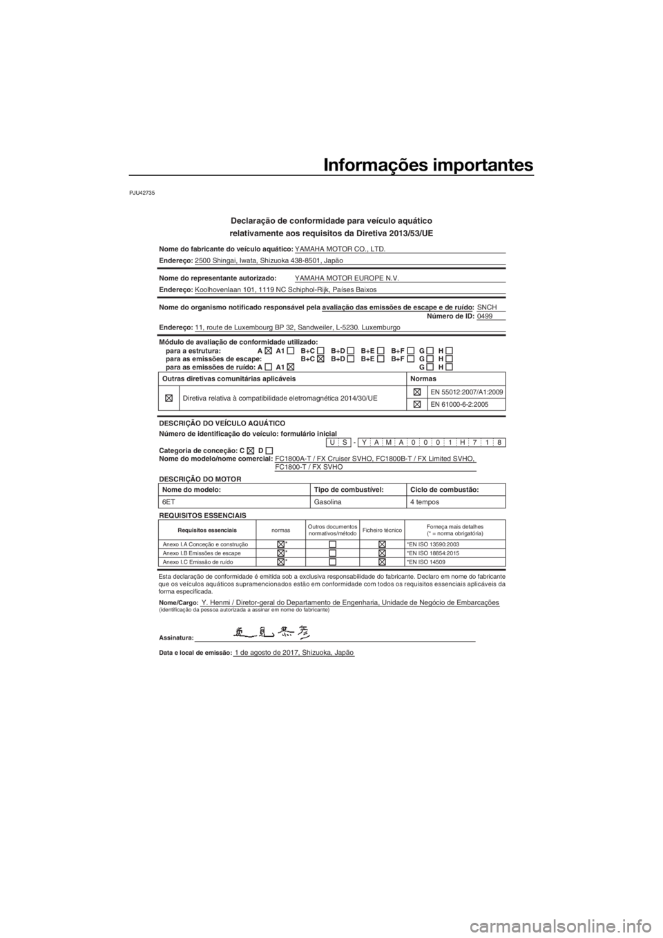 YAMAHA FX SVHO 2018 Manual de utilização (in Portuguese) Informações importantes
PJU42735
Declaração de conformidade para veículo aquático
relativamente aos requisitos da Diretiva 2013/53/UE
Nome do fabricante do veículo aquático: YAMAHA MOTOR CO., YAMAHA FX SVHO 2018 Manual de utilização (in Portuguese) Informações importantes
PJU42735
Declaração de conformidade para veículo aquático
relativamente aos requisitos da Diretiva 2013/53/UE
Nome do fabricante do veículo aquático: YAMAHA MOTOR CO.,