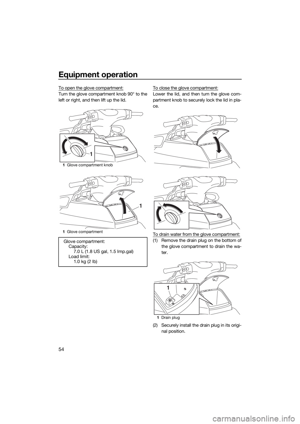 YAMAHA FX SVHO 2017 Workshop Manual Equipment operation
54
To open the glove compartment:
Turn the glove compartment knob 90° to the
left or right, and then lift up the lid.To close the glove compartment:Lower the lid, and then turn th