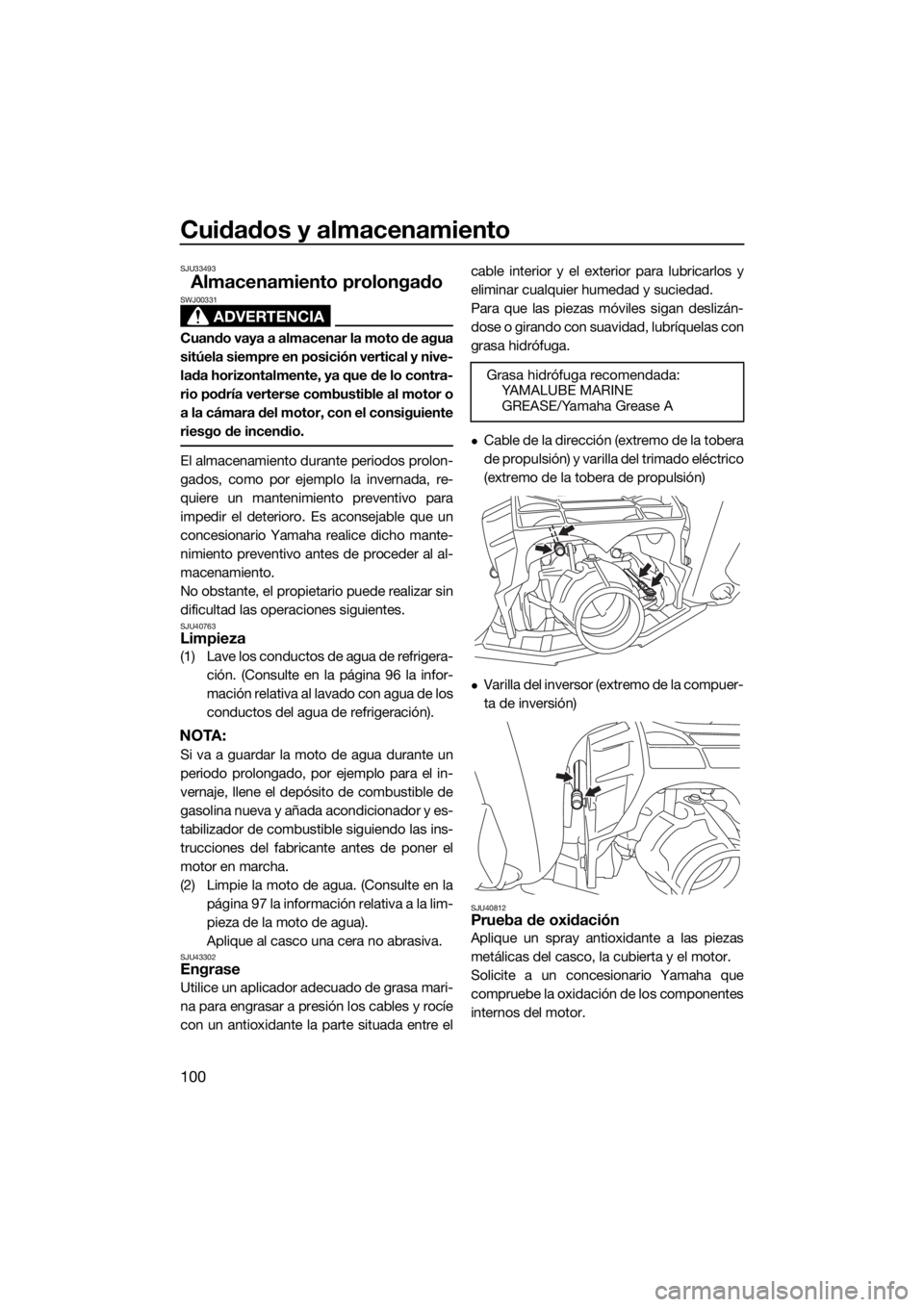 YAMAHA FX SVHO 2017  Manuale de Empleo (in Spanish) Cuidados y almacenamiento
100
SJU33493
Almacenamiento prolongado
ADVERTENCIA
SWJ00331
Cuando vaya a almacenar la moto de agua
sitúela siempre en posición vertical y nive-
lada horizontalmente, ya qu